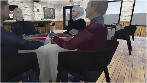 A 3D-rendered scene depicts four people seated around a restaurant table with white tablecloths. They appear engaged in conversation while meals are served on red trays. The setting features stone walls, wooden flooring, and other tables with similar setups in the background.