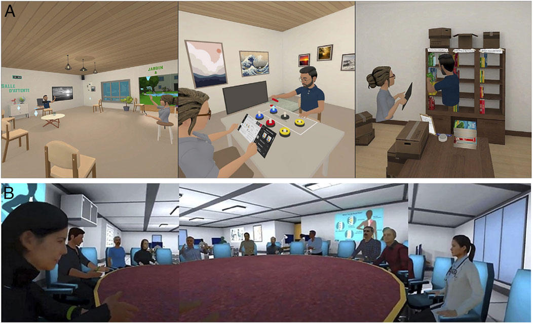 A group of people is seated around a large, round conference table in a bright room. Blue chairs surround the table, and diagrams are visible on the walls. The room is well-lit, with multiple overhead lights.