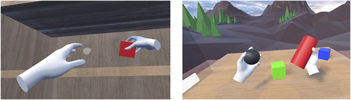 Two virtual reality scenes are shown. The first scene depicts a pair of hands interacting with a red cube against a wooden background. The second scene shows hands holding a black sphere and a red cylinder on a wooden surface, with a mountainous landscape in the background, featuring green, low-polygon trees.