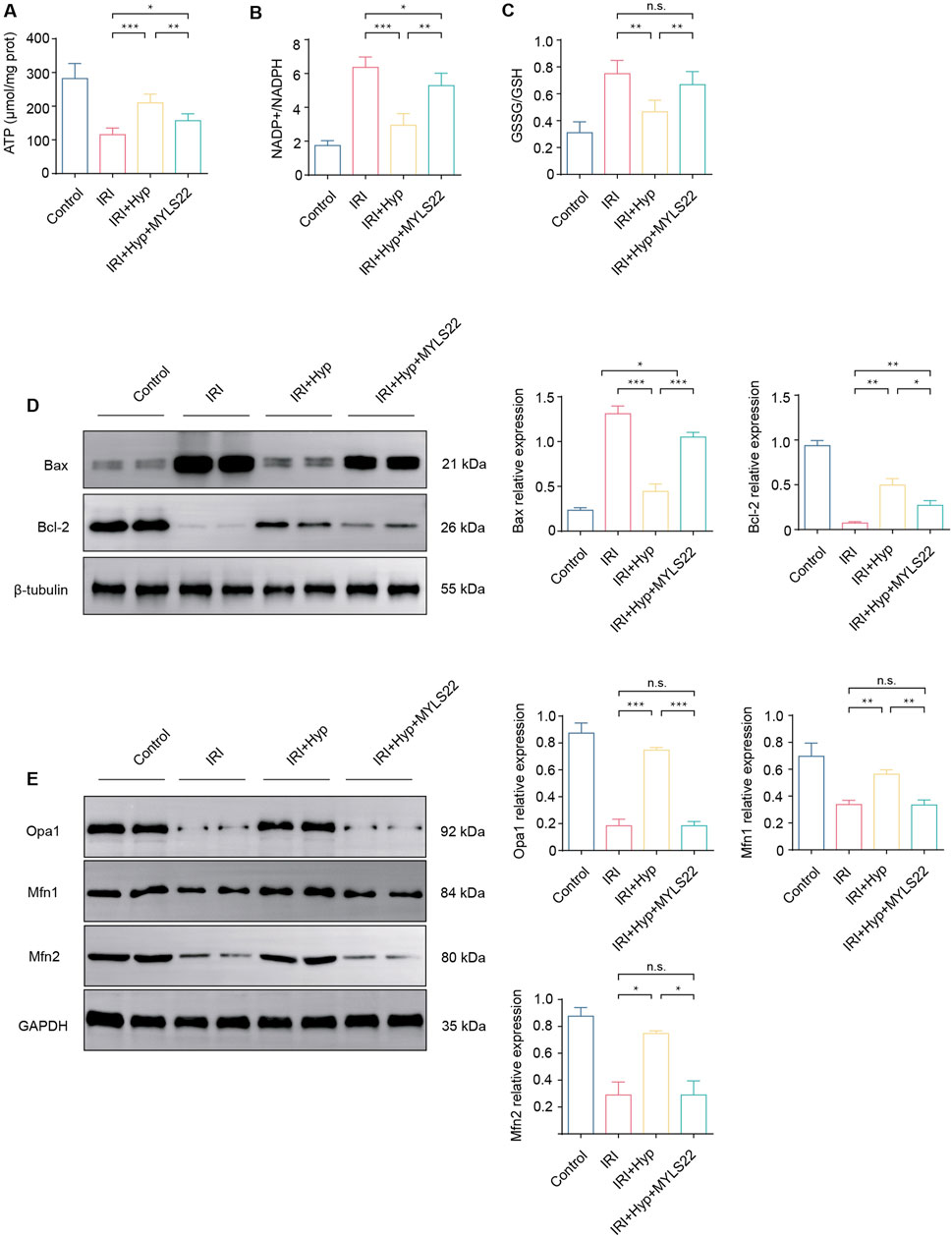 Bar graphs labeled A, B, and C depict ATP, NADPH/NADP+, and GSSG/GSH levels, respectively, in four experimental groups: Control, IRI, IRI + Hyp, and IRI + Hyp + MLS22. Statistical significance is indicated by asterisks. In panels D and E, Western blots show the expression of proteins such as Bax, Bcl-2, Opa1, Mfn1, and Mfn2, with β-tubulin and GAPDH as loading controls. Adjacent bar graphs represent the relative expression of these proteins across the same experimental groups, highlighting significant differences.