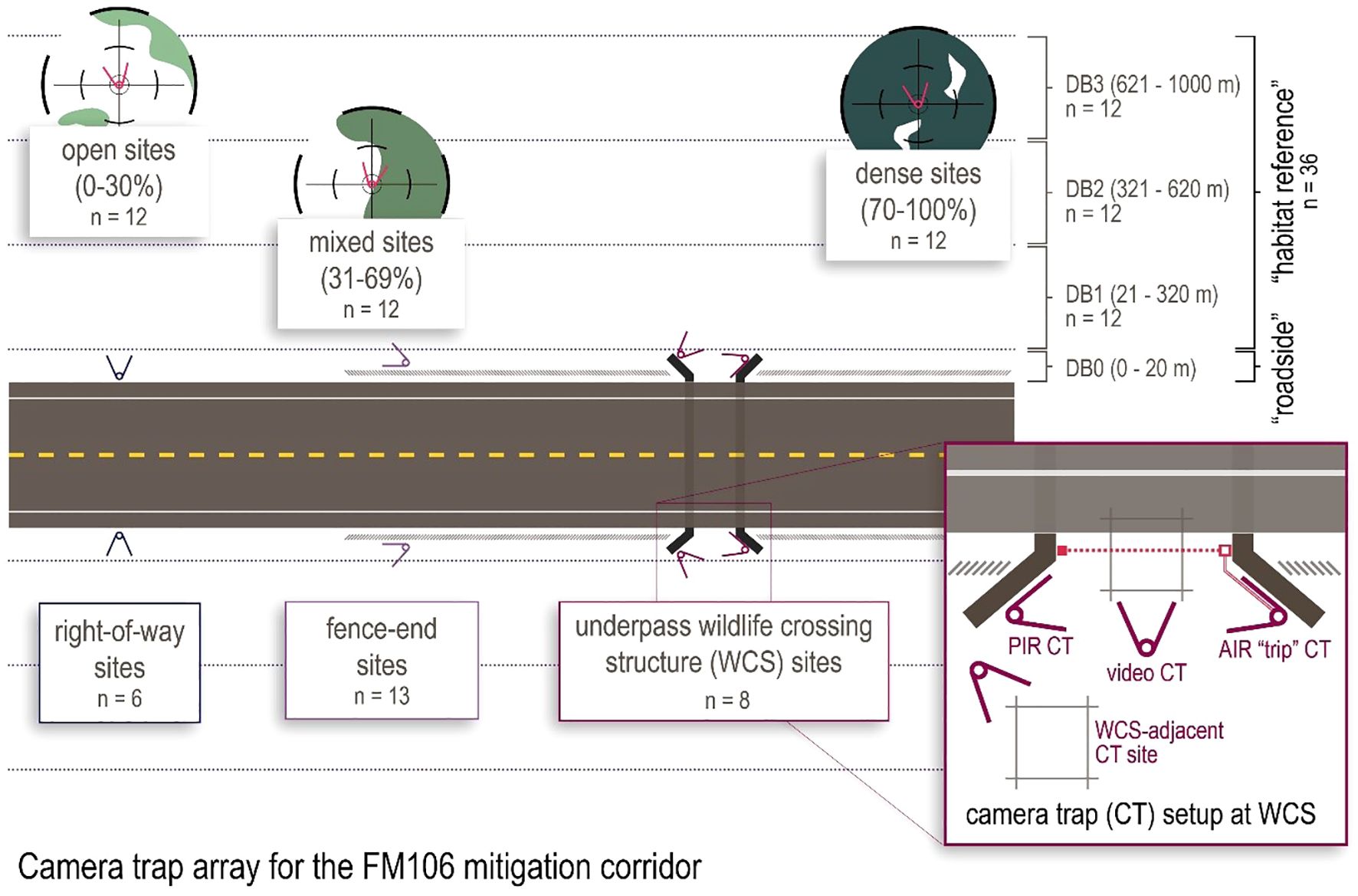 Diagram of a camera trap array for the FM106 mitigation corridor. It shows various site categories: open, mixed, and dense sites, each with a percentage range of canopy cover density and sample size (n=12 each). Right-of-way, fence-end, and underpass wildlife crossing structure sites are also depicted, including a diagram of the typical camera arrangement at each crossing structure entrance.. Roadside habitat reference distances range from 0 to 1000 meters, divided into sections DB0 to DB3.