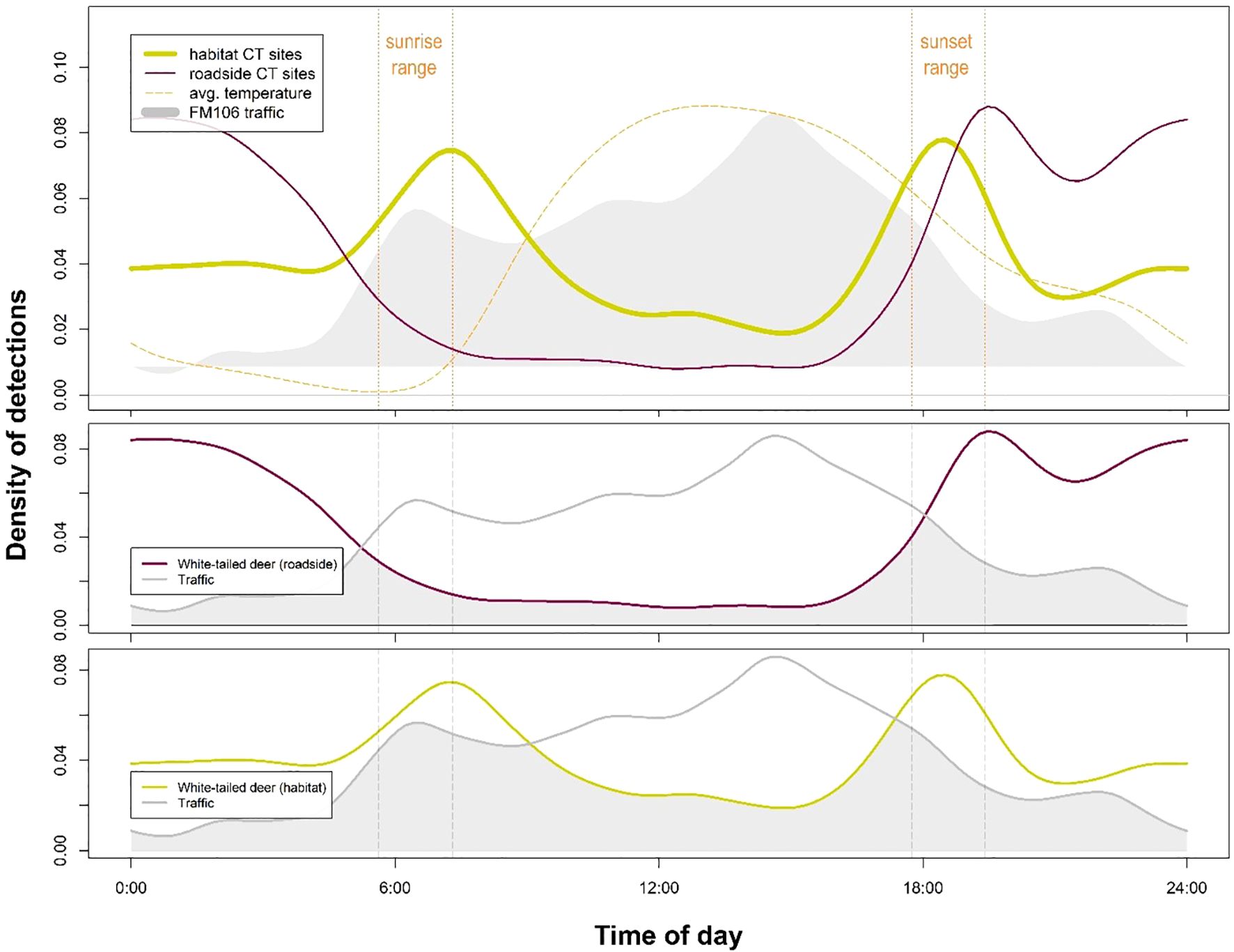 Three line graphs display white-tailed deer diel activity at roadside versus habitat reference sites by charting the density of camera detections from each of these arrays over a 24-hour period and comparing these to daily traffic patterns. Temperature, time of day, and approximate sunrise and sunset ranges are also depicted for context. Traffic activity is shown to occur primarily during daylight hours. Deer activity is shown to shift clearly towards a nocturnal pattern at roadside sites compared to more diurnal or crepuscular activity at habitat reference sites.
