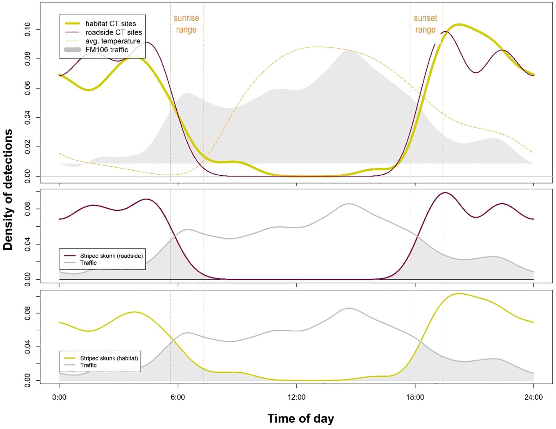 Three line graphs display striped skunk diel activity at roadside versus habitat reference sites by charting the density of camera detections from each of these arrays over a 24-hour period and comparing these to daily traffic patterns. Temperature, time of day, and approximate sunrise and sunset ranges are also depicted for context. Traffic activity is shown to occur primarily during daylight hours. Skunk activity is shown to remain almost exclusively nocturnal, regardless of traffic activity or roadside versus habitat site locations.