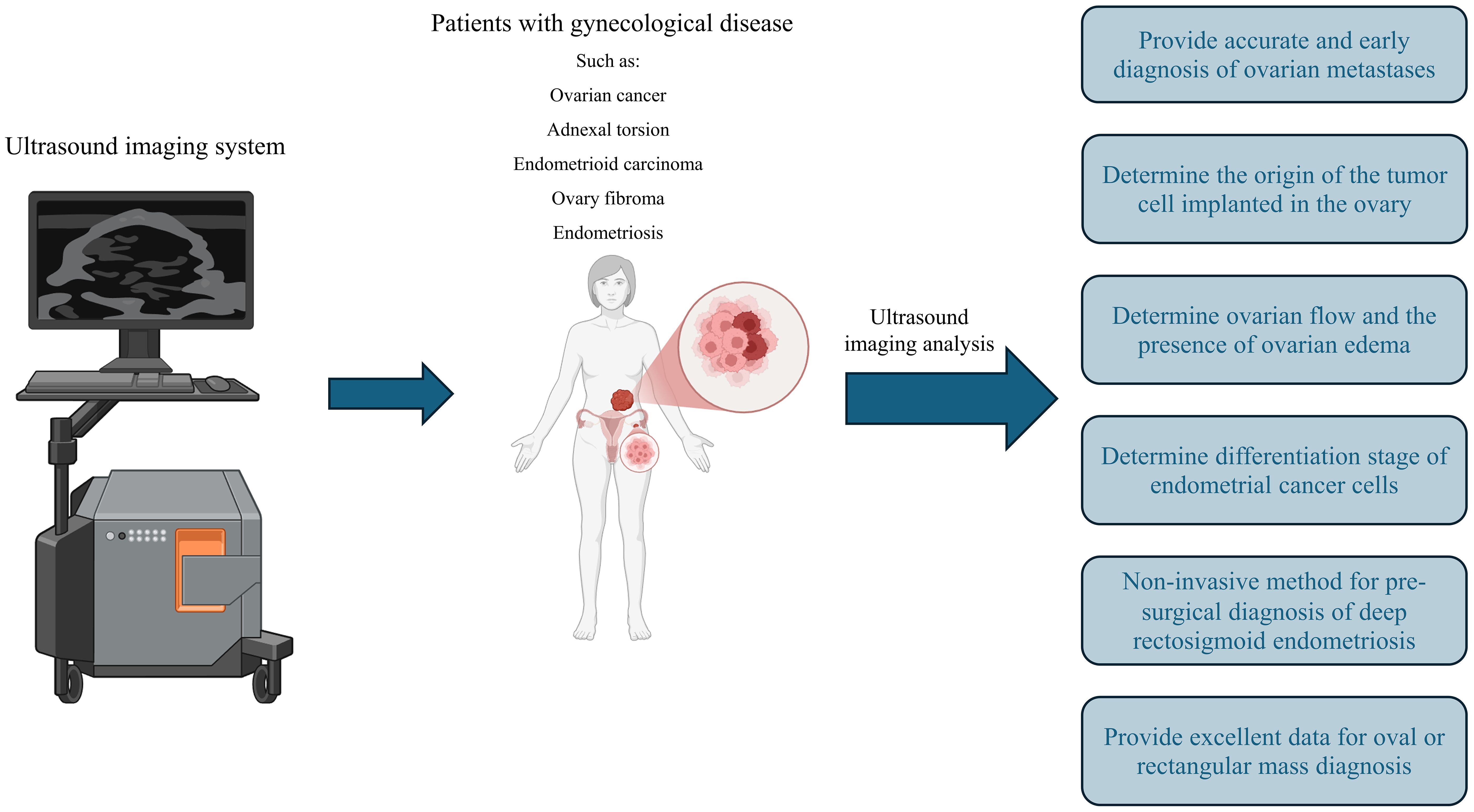 Diagram showing the use of an ultrasound imaging system for diagnosing gynecological diseases such as ovarian cancer and endometriosis. The process includes imaging analysis to determine ovarian flow, tumor origin, cancer cell stage, and offers non-invasive diagnosis methods. Benefits listed include early diagnosis of metastases and data provision for mass diagnosis.