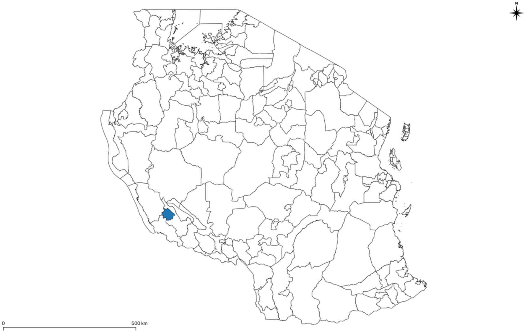 Map of Tanzania's administrative regions with one region highlighted in blue in the southwestern part of the country. The map includes a scale bar and compass rose for orientation.