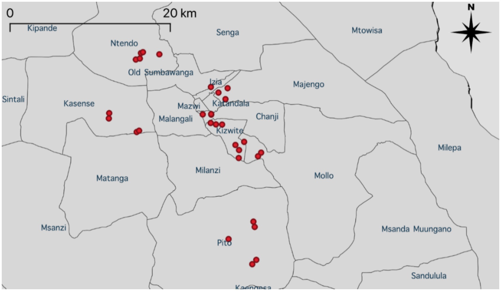 Map of a region with several areas labeled, including Ntendo, Old Sumbawanga, Kasense, and others. Red dots represent specific locations across these areas. A scale indicates a distance of twenty kilometers. A compass rose shows north.