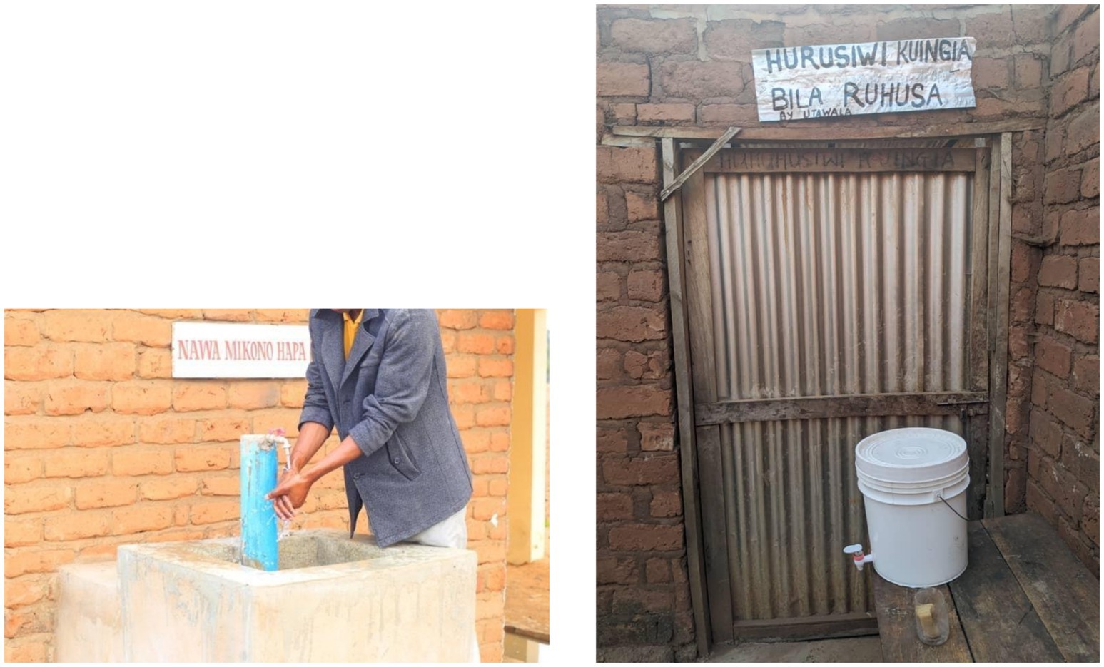 Left image shows a person washing hands at a blue tap beside a sign reading