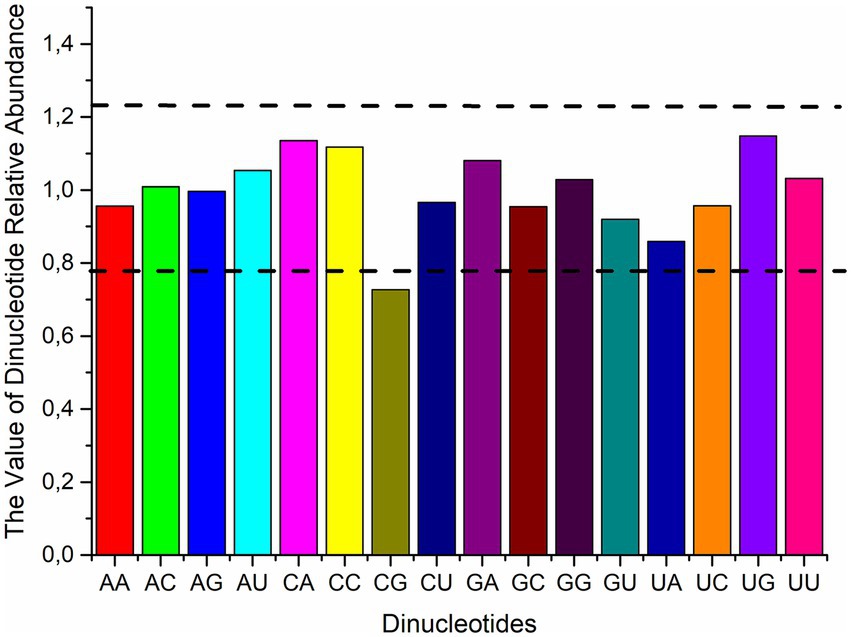 Bar graph illustrating the relative abundance of various dinucleotides, labeled on the x-axis, from AA to UU. The y-axis represents relative abundance values, ranging from 0.0 to 1.4. Two horizontal dashed lines mark values at 0.8 and 1.2. Bars are colored differently, showing variance in abundance among dinucleotides.