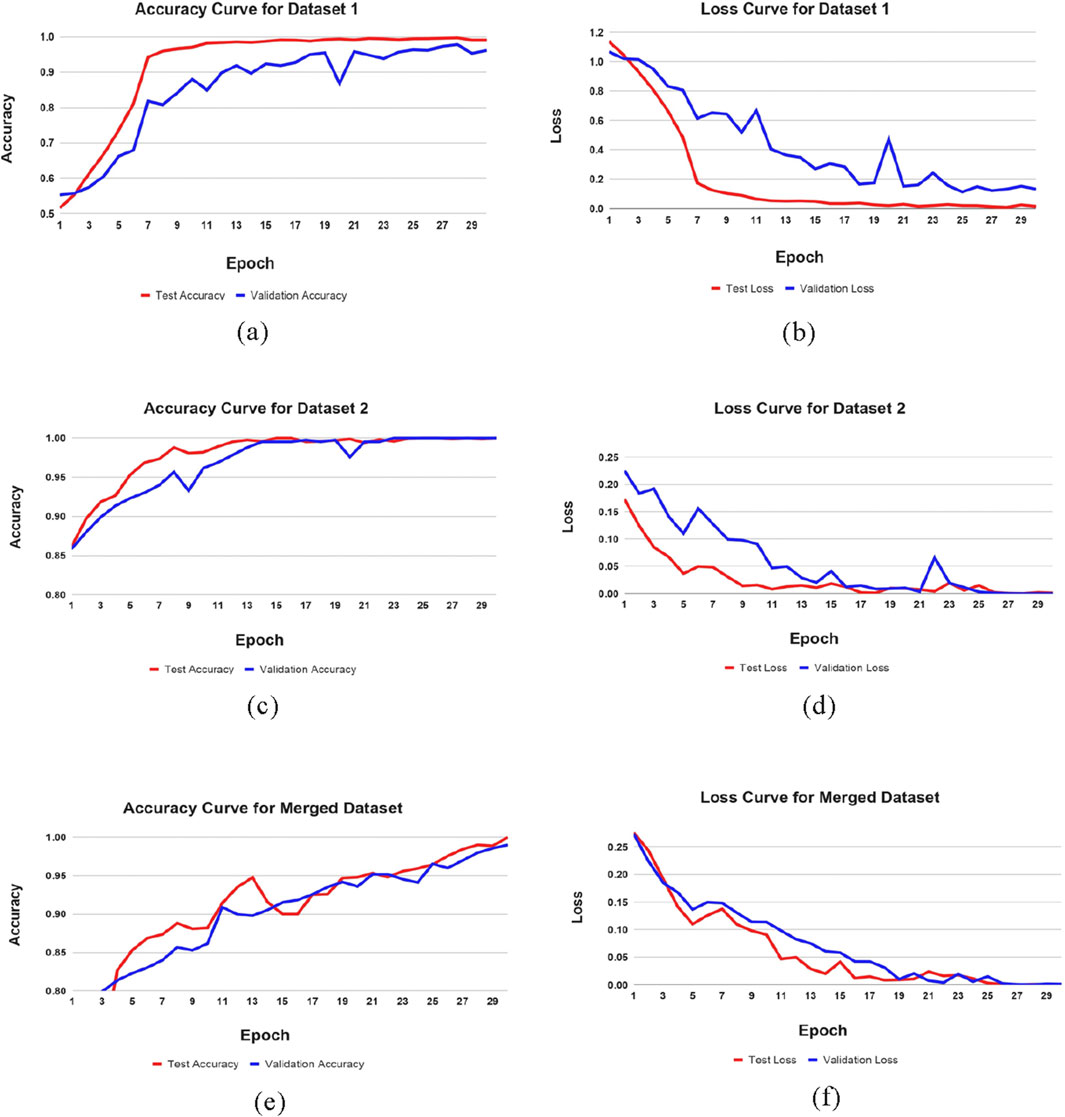 Accuracy and loss curves for datasets over thirty epochs. (a) Dataset 1 accuracy, showing test and validation accuracy convergence around 0.9. (b) Dataset 1 loss, indicating decreasing loss over epochs. (c) Dataset 2 accuracy, with both test and validation accuracy reaching near 1.0. (d) Dataset 2 loss showing decreasing trends. (e) Merged dataset accuracy, with gradual convergence. (f) Merged dataset loss, with declining trends similar to individual datasets.
