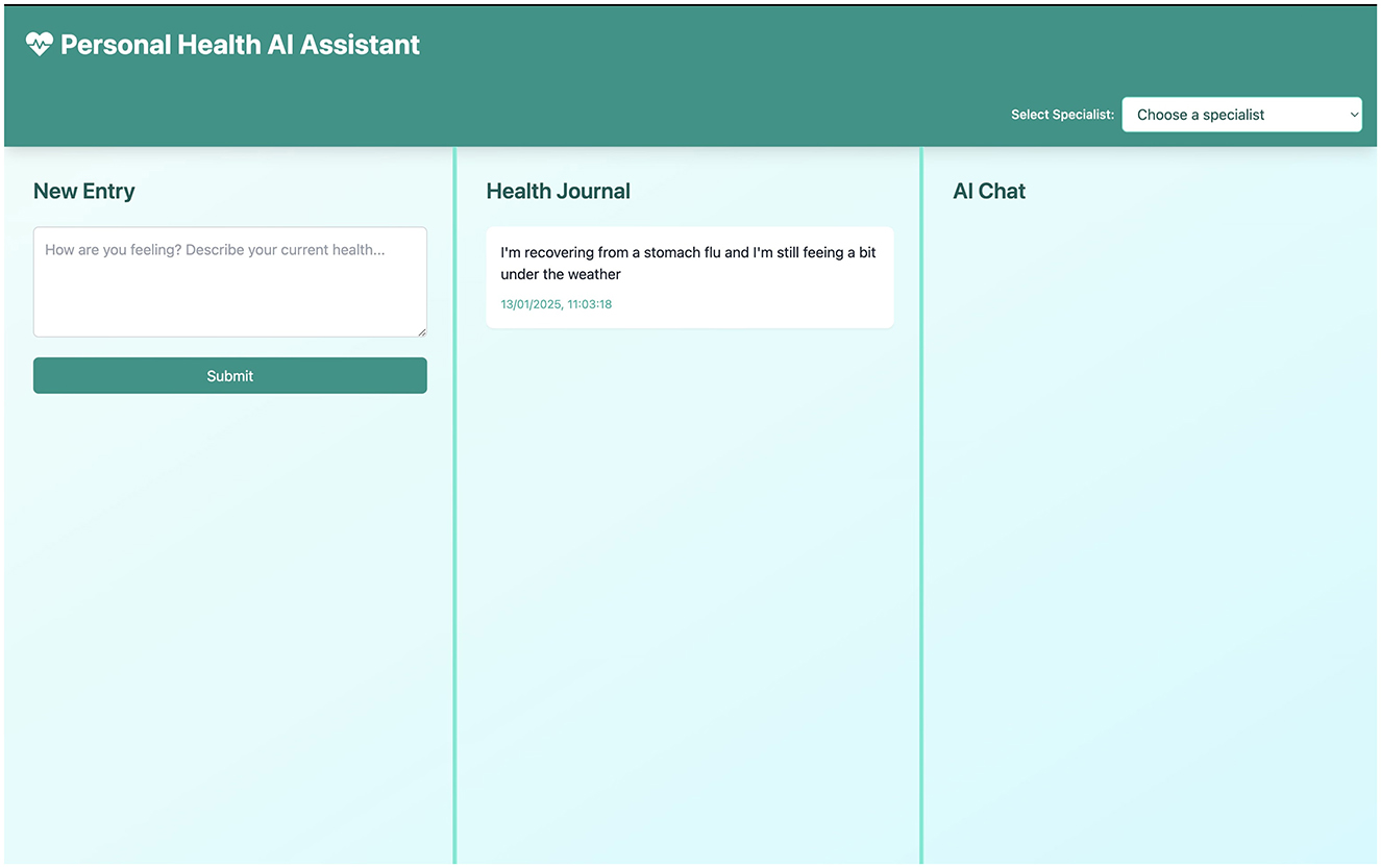 User interface of a āPersonal Health AI Assistantā web app with sections titled āNew Entry,ā āHealth Journal,ā and āAI Chat.ā The āNew Entryā section features a text box with a prompt to describe current health and a submit button. The āHealth Journalā section displays an entry about recovering from a stomach flu dated January thirteenth, two thousand twenty-five. A dropdown menu labeled āSelect Specialistā is at the top right, currently showing āChoose a specialist.ā