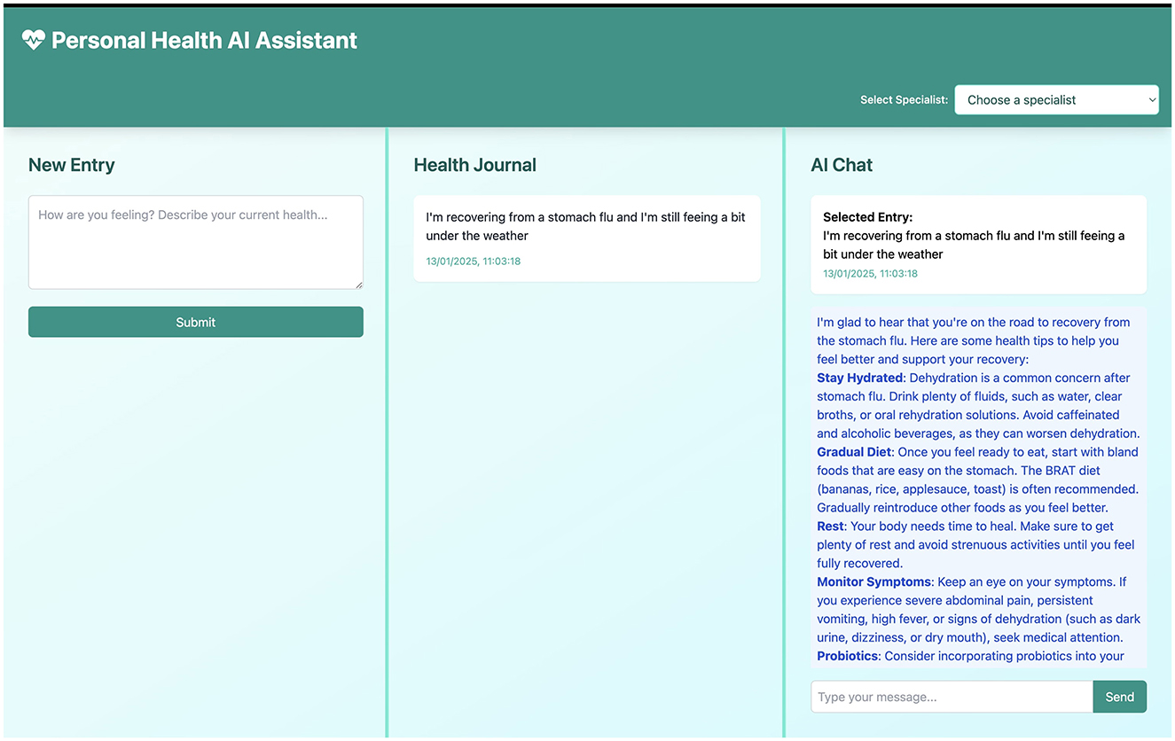 Personal Health AI Assistant interface with three sections. On the left, a text box labeled āNew Entryā asks about current health, with a green āSubmitā button. The middle āHealth Journalā displays a user entry about recovering from a stomach flu. The right āAI Chatā offers health tips, advising hydration, gradual diet, rest, monitoring symptoms, and probiotics. A dropdown menu for selecting a specialist is at the top right.