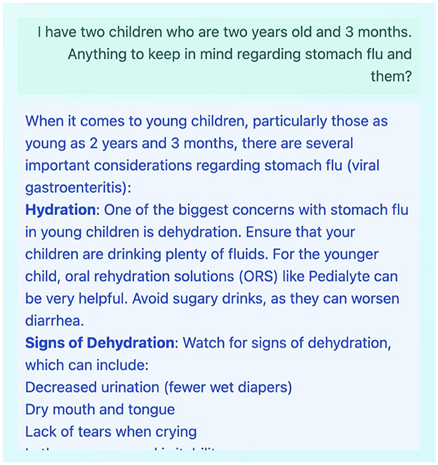 Text discussing considerations for children, aged two years and three months, regarding stomach flu. It highlights hydration as a major concern, recommending oral rehydration solutions like Pedialyte while avoiding sugary drinks. Signs of dehydration include decreased urination, dry mouth, and lack of tears when crying.