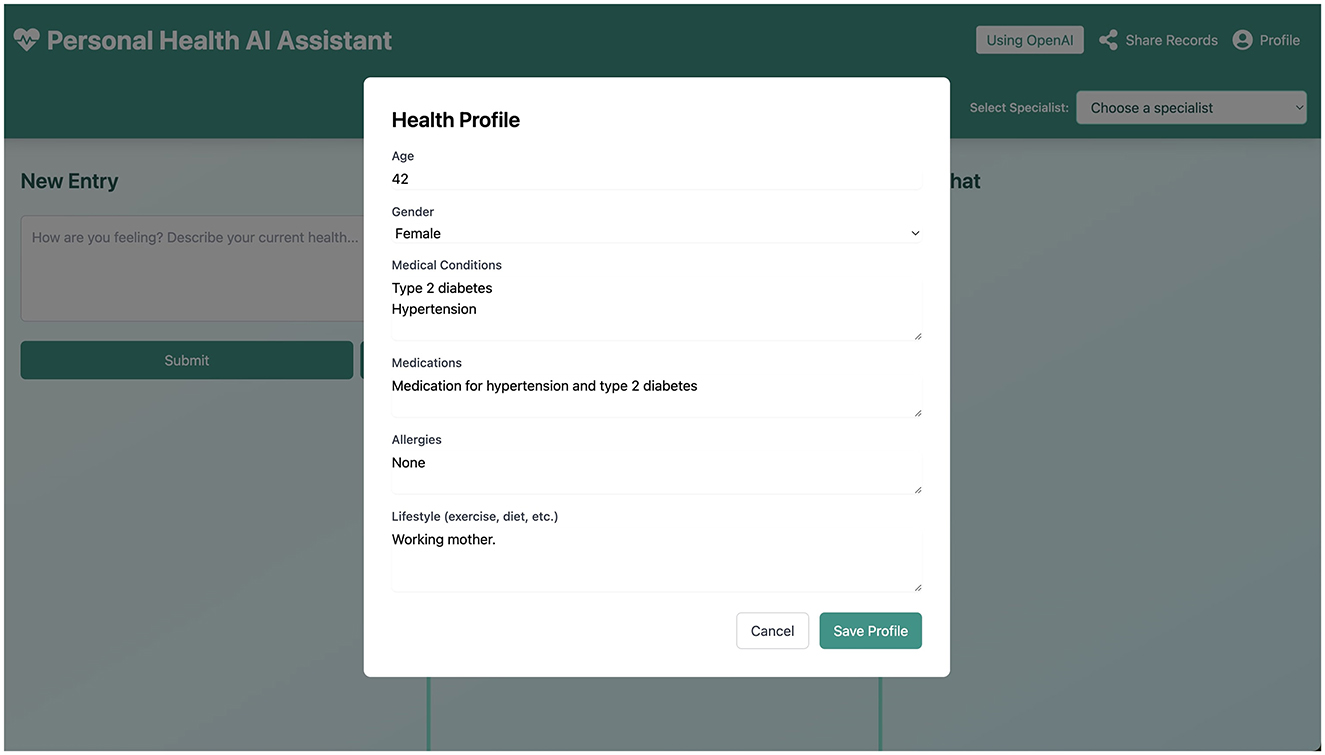 Health profile screen on a personal health AI assistant platform. The profile includes age (42), gender (female), medical conditions (type 2 diabetes, hypertension), medications for these conditions, no allergies, and lifestyle note as a working mother. Buttons for cancel and save profile are present.