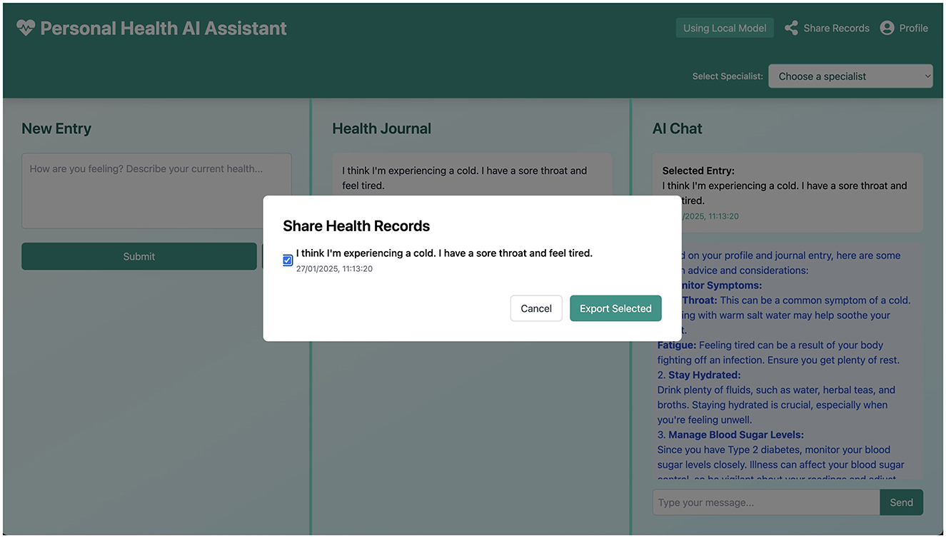 An interface of a personal health AI assistant shows a pop-up labeled āShare Health Recordsā with a checked box next to an entry stating, āI think Im experiencing a cold. I have a sore throat and feel tired.ā The date and time are listed below, and options to āCancelā or āExport Selectedā are available.