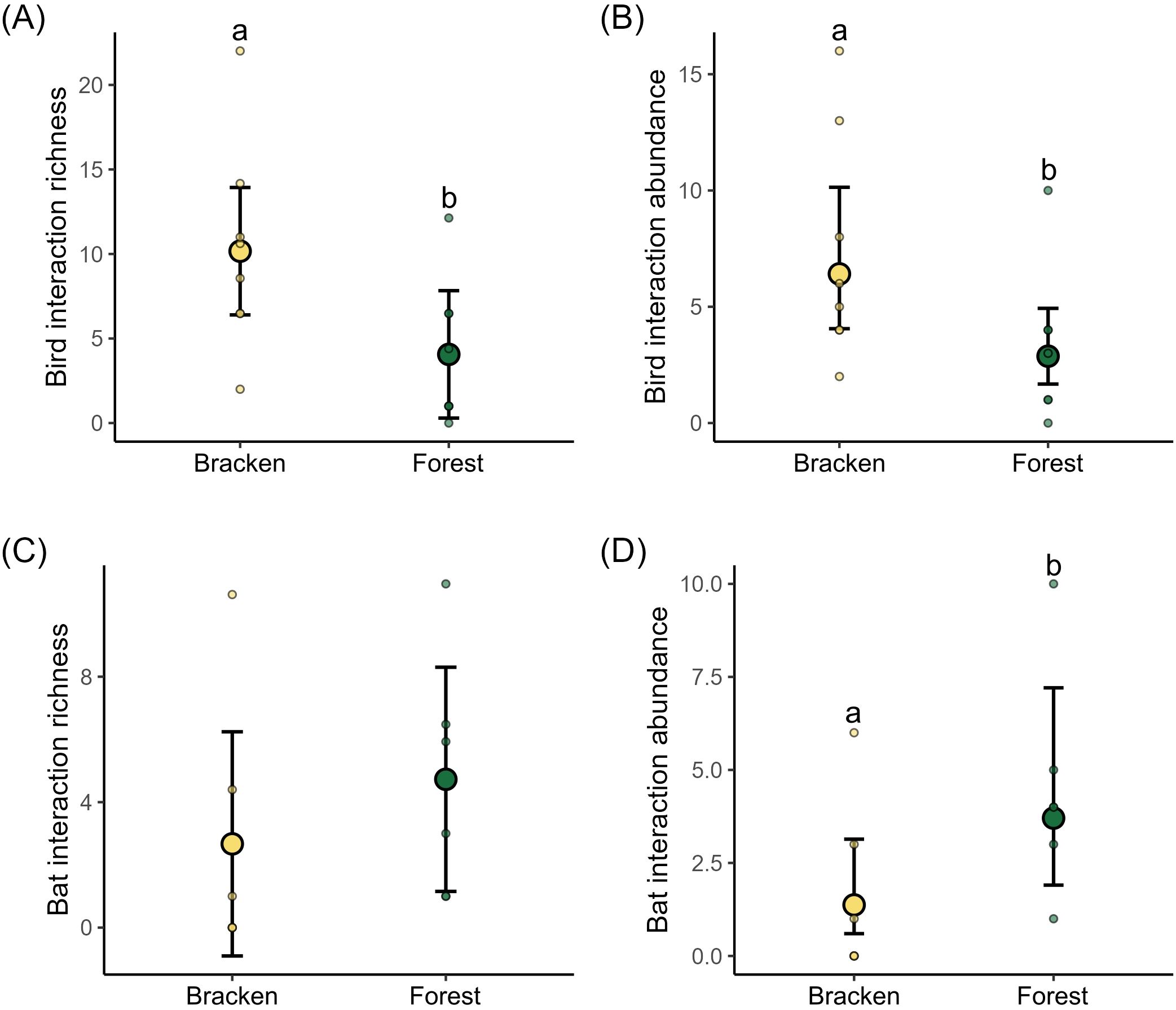 Four scatter plots compare bird and bat interaction metrics between bracken and forest environments. Panel A shows bird interaction richness; panel B shows bird interaction abundance. Panel C shows bat interaction richness; panel D shows bat interaction abundance. In A and B bracken is higher in metrics compared to forest, in C there is not difference between both habitats and in D forest is higher than bracken in bat interaction richness. Significant differences are marked with letters a and b. Error bars and individual data points are included