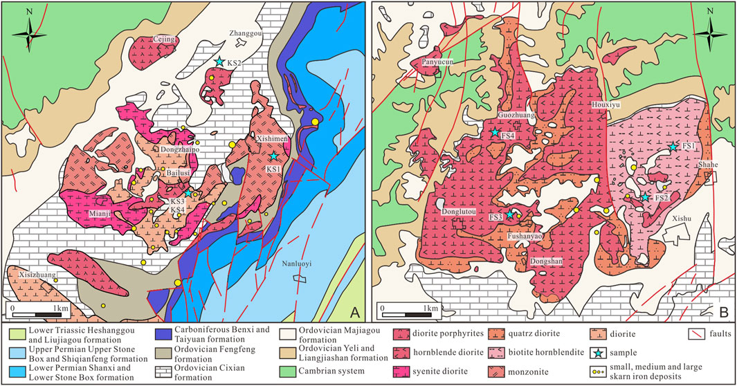 Geological map with two panels labeled A and B, illustrating various formations and geological features. The legend describes formations like Lower Triassic Heshangou, Carboniferous Benxi and Taiyuan, and others. Features include diorite porphyrites, quartz diorite, and faults. Locations like Dongzhaipo, Panyucun, and specific sampling points are marked. The map also indicates skarn iron deposits of different sizes. Key areas are colored differently to represent specific geological compositions. Compass roses indicate north orientation.