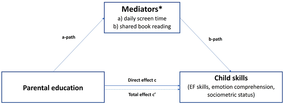 Diagram showing the relationships between parental education, mediators, and child skills. Parental education connects to mediators (daily screen time, shared book reading) via the a-path. Mediators connect to child skills (EF skills, emotion comprehension, sociometric status) via the b-path. Direct effect c and total effect c' link parental education directly to child skills.