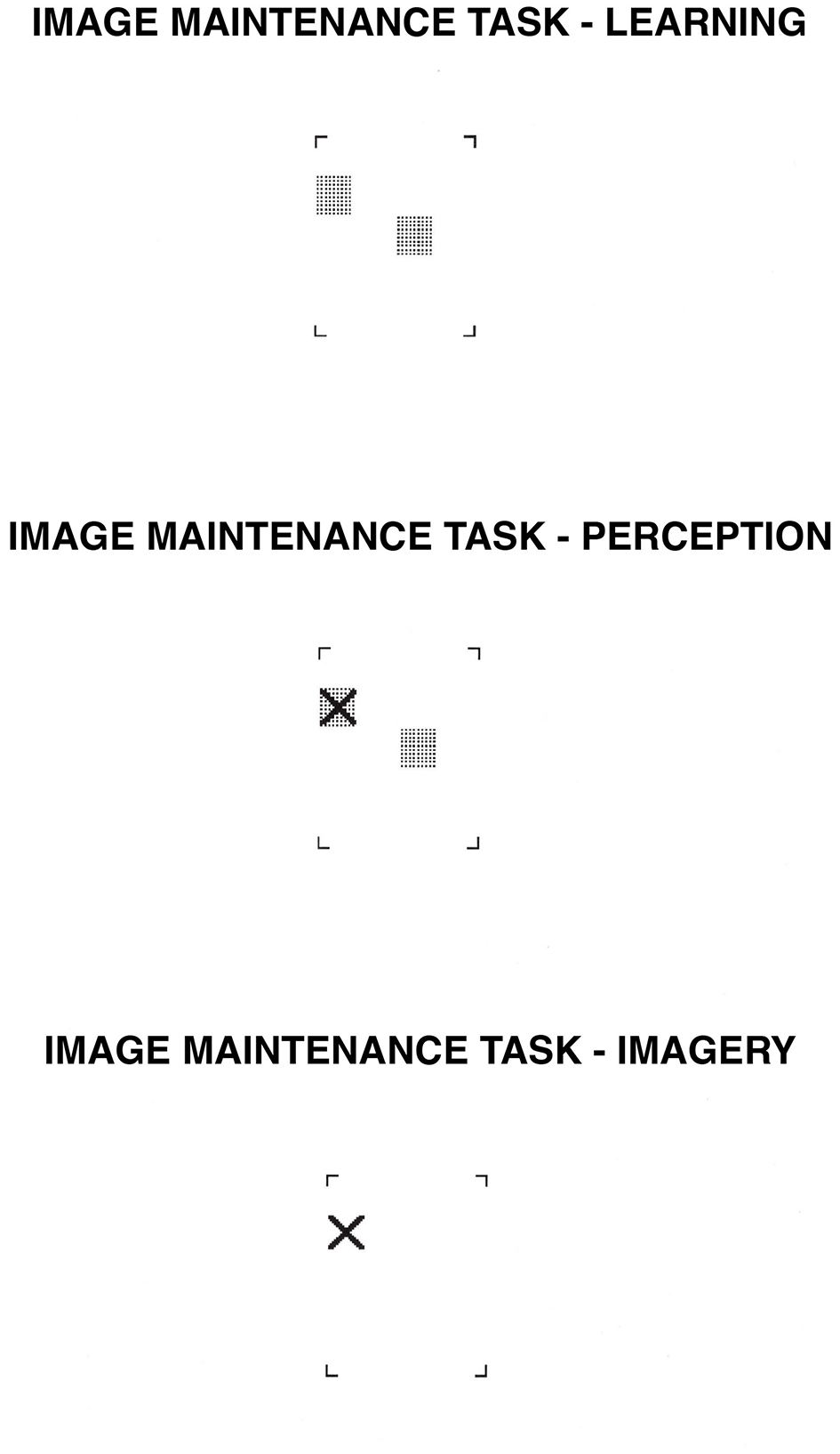 Three panels labeled with text. The first panel, ”Image Maintenance - Learning,” shows 2 grey squares within 4 brackets. The second panel, ”Image Maintenance - Perception,” includes 2 grey squares within brackets, one of which is covered by an X. The third panel, ”Image Maintenance - Imagery,” displays only the bold X within brackets.