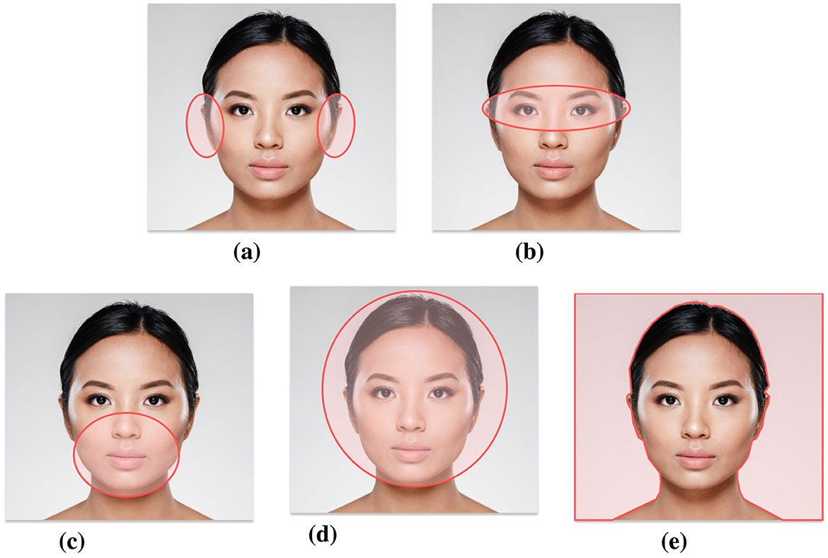 A 2–3 grid shows a woman's face with red outlines emphasizing different facial regions: (a) ears, (b) eyes, (c) lower face, (d) forehead and overall face shape, and (e) hair. Each image highlights the specified area to indicate key facial features for analysis or recognition purposes. The consistent expression and alignment aid in isolating feature-specific variations.