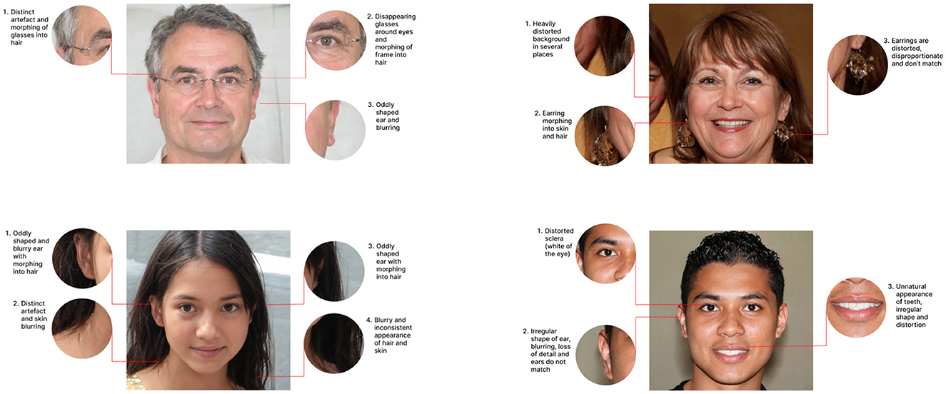 Four synthetic portraits are annotated to highlight visual artifacts typical of AI-generated faces. Common issues include morphing of glasses into hair, missing or distorted eyeglasses, oddly shaped or blurry ears, mismatched earrings, distorted sclera, and unnatural teeth shapes. Backgrounds also show irregularities, such as distortions or inconsistent textures. Each flaw is magnified in circular insets for detailed inspection, emphasizing telltale signs of image generation errors.