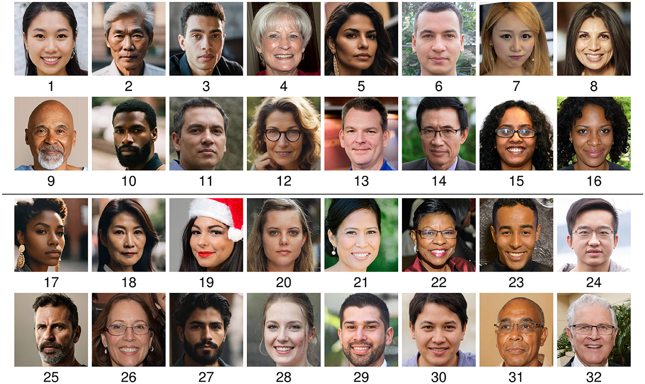 A 4–8 grid displays 32 diverse facial portraits, each labeled with a number from 1 to 32. The individuals vary in age, gender, ethnicity, and expression. Some images contain unique elements, such as a Santa hat (image 19). The photos are aligned in rows and presented with consistent framing and lighting, suggesting their use in a face classification or recognition experiment.