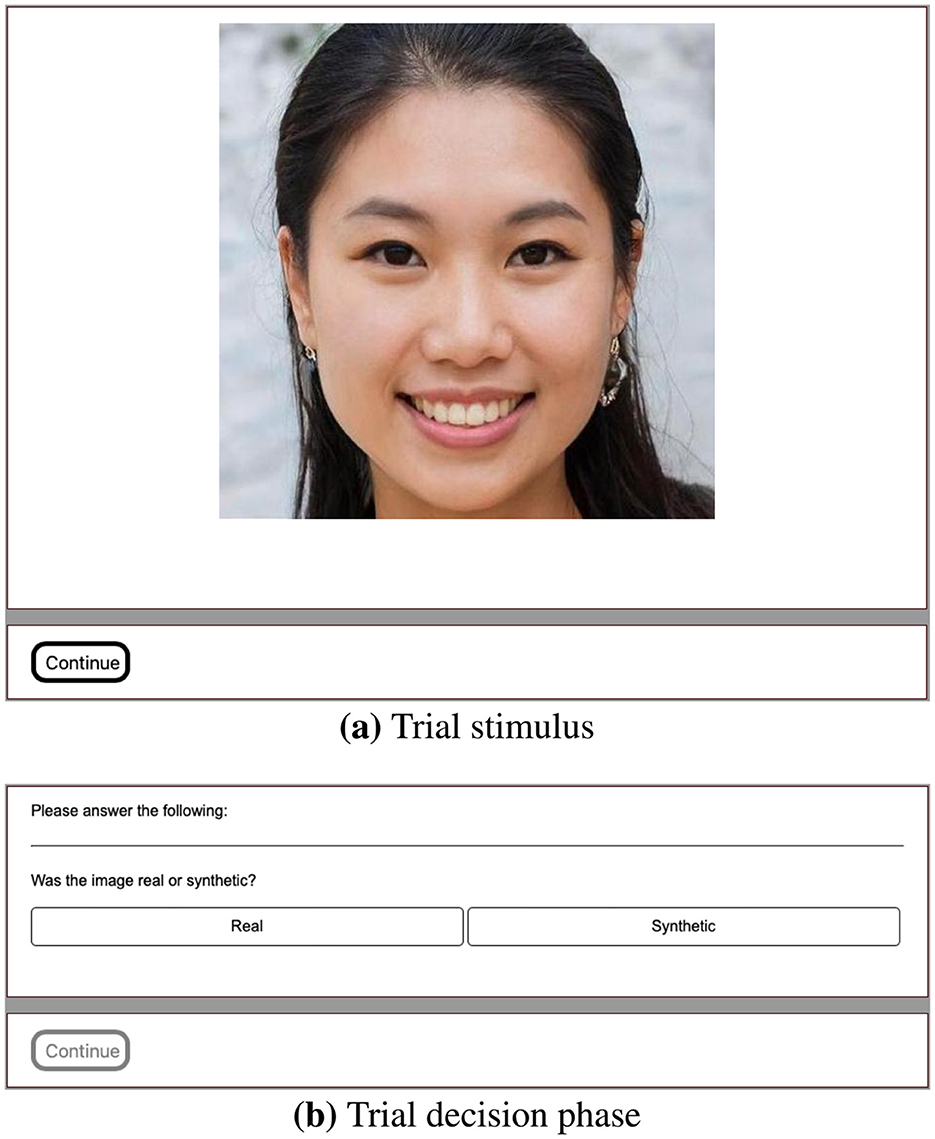 A two-part screenshot from a face classification experiment interface. (a) shows a trial stimulus: a centered image of a smiling woman with a “Continue” button below. (b) displays the trial decision phase, where participants are asked, “Was the image real or synthetic?” and are given two response buttons labeled “Real” and “Synthetic.” Another “Continue” button is shown beneath the response options, indicating progression to the next trial.