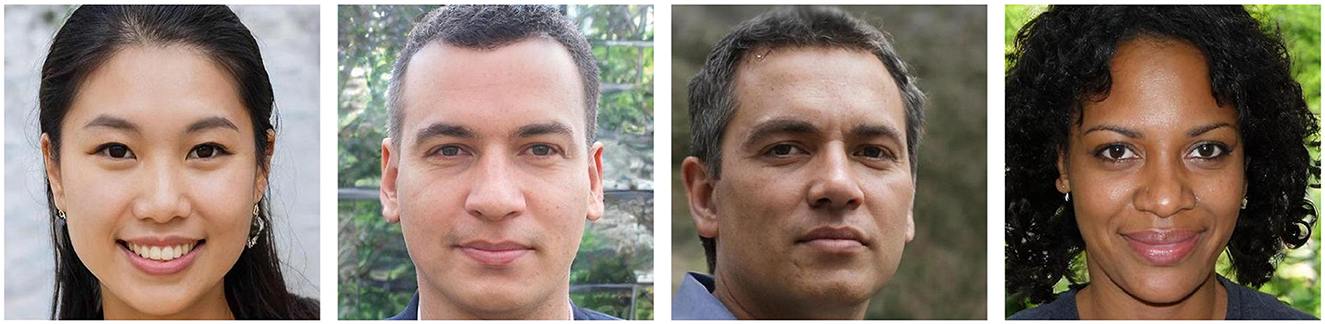 A horizontal row of four synthetic facial portraits. Each image depicts a different individual with varied gender, age, and background. The faces are photorealistic and generated using AI, with high detail in facial features, hair, and lighting. The consistent framing suggests the images were used for classification or recognition tasks. Backgrounds include natural outdoor settings and neutral tones.