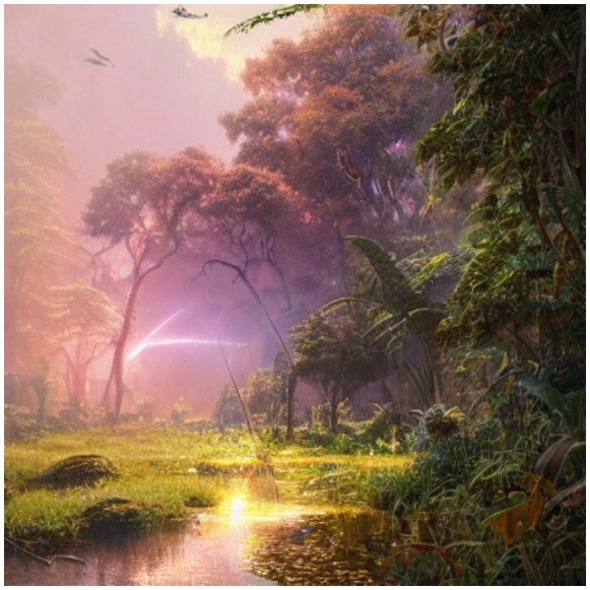 A fantasy-style digital artwork of a lush, magical forest at sunrise or sunset. The scene features tall, misty trees with pink and purple hues, dense tropical vegetation, and a reflective stream flowing through the center. Beams of light shine through the canopy, and ethereal flying creatures can be seen in the sky, enhancing the mystical atmosphere.