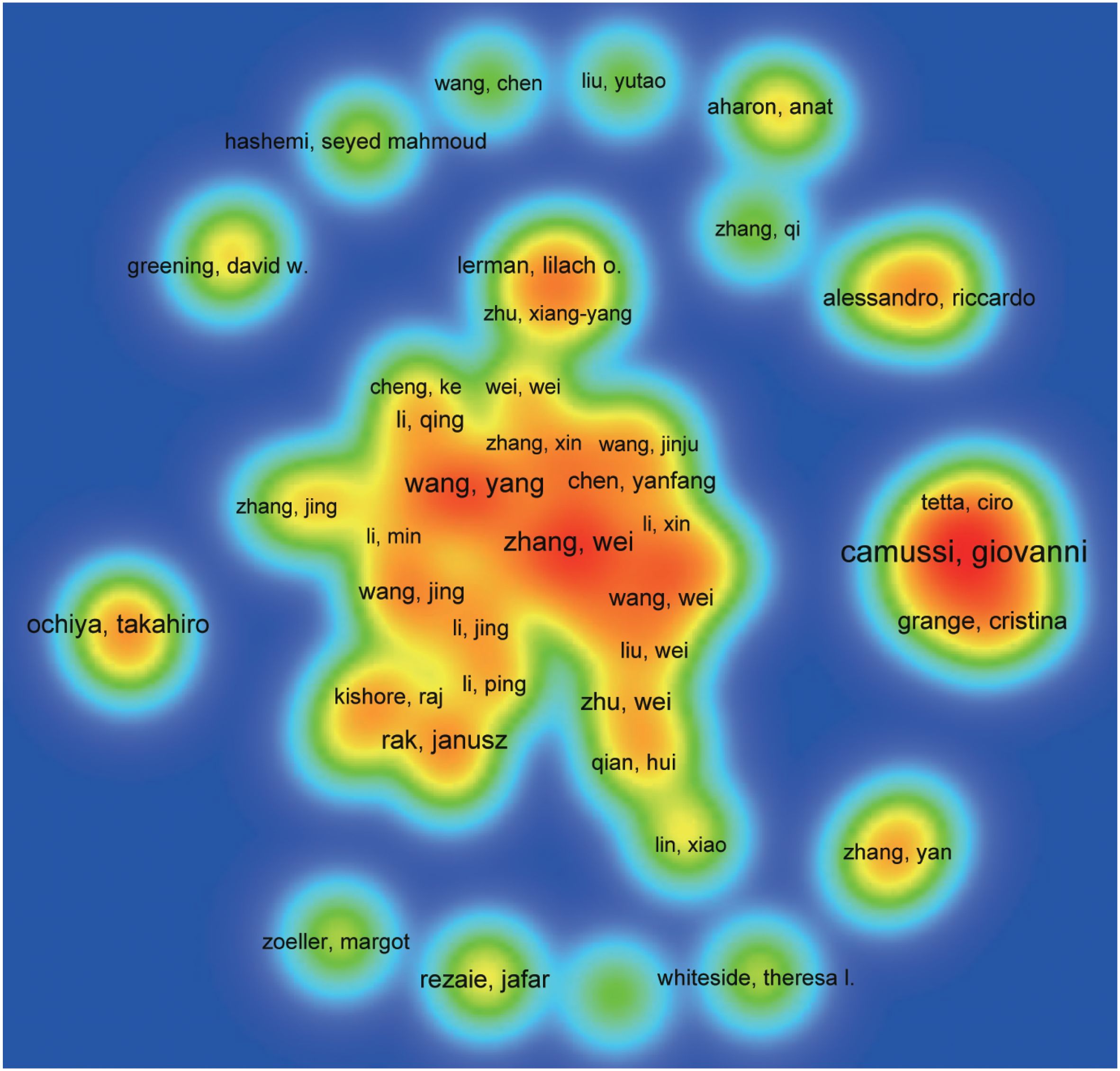 Heat map visualization with clusters of names in varying colors indicating frequency or emphasis. Central cluster features names such as “Zhang Wei” and “Wang Yang” in red. Surrounding clusters in blue to green include names like “Ochiya Takahiro” and “Camussi Giovanni.