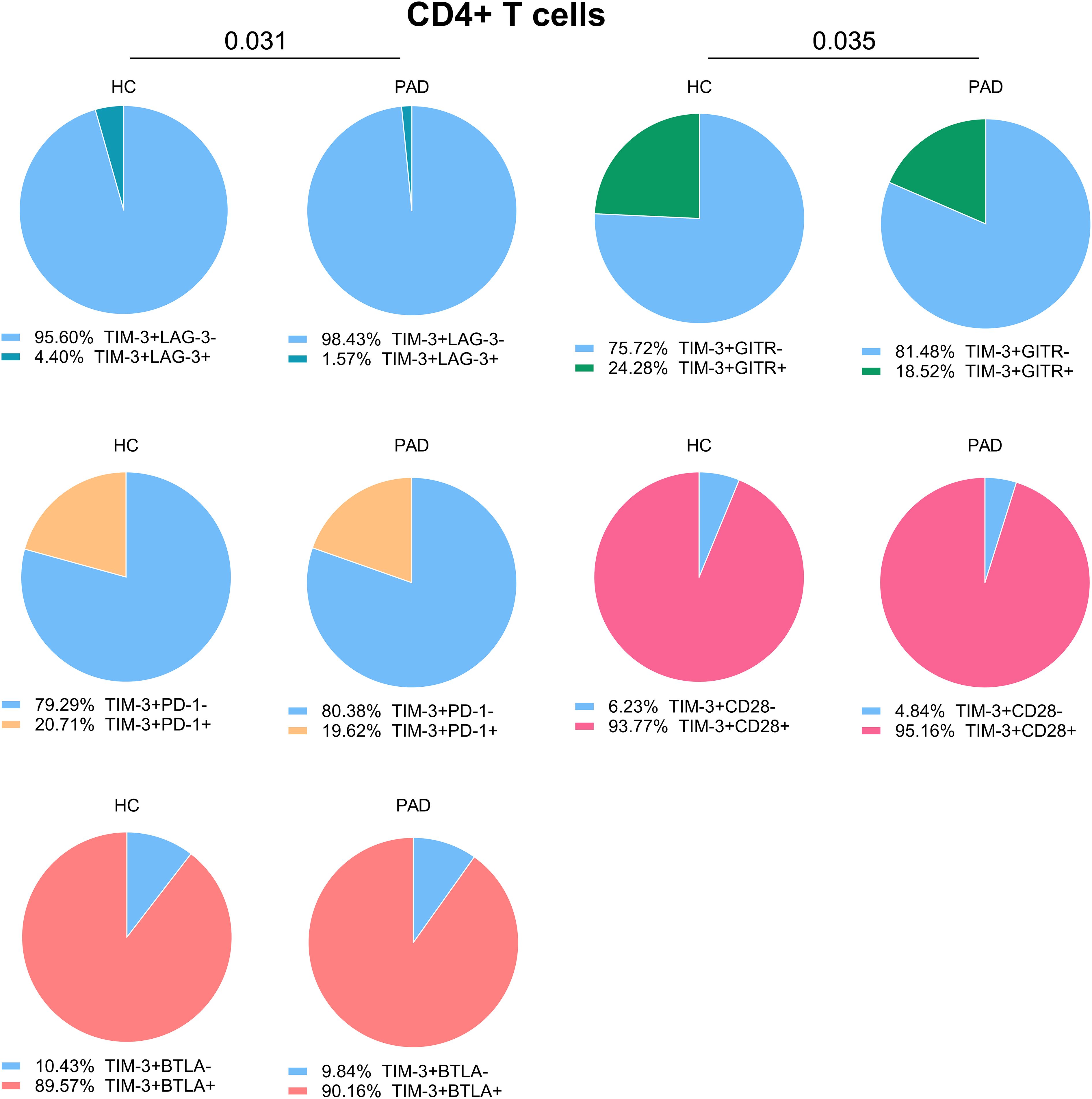 –Pie charts display CD4+ T cells with different markers under HCand PAD conditions. The upper row shows TIM-3+ cells with LAG-3 and GITR in HC and PAD. The second row shows TIM-3+ cells with PD-1 and CD28 in HC and PAD. The lower row shows TIM-3+ cells with BTLA in HC and PAD. Statistical significance is noted between HC andPAD groups at specific comparisons with p-values of 0.031 and 0.035.