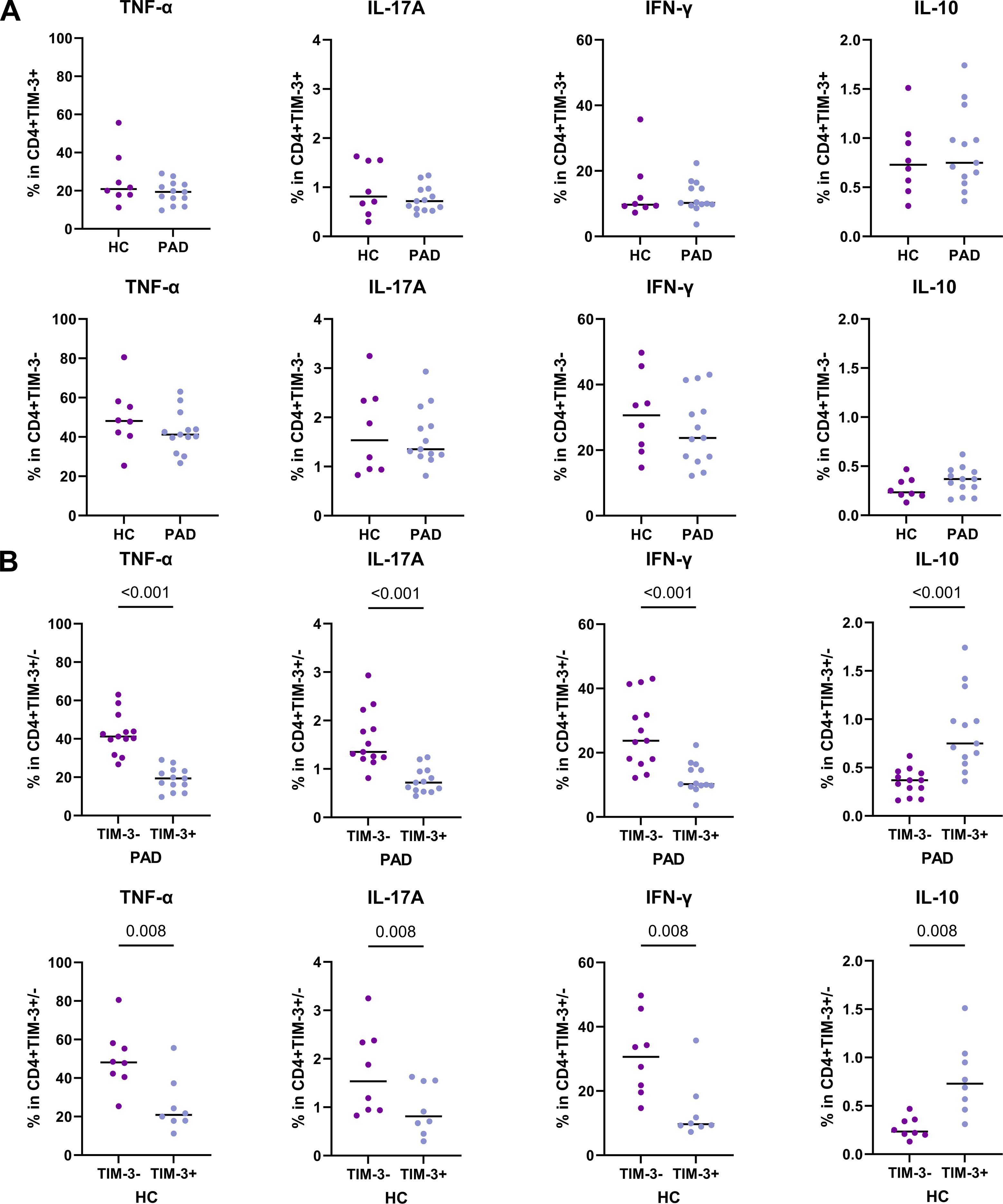 Scatter plots show percentages of cytokines TNF-a, IL-17A, IFN-g,and IL-10 in CD4+ TIM3+ and CD4+ TIM3- cells. Panel A compares healthy controls(HC) and peripheral artery disease (PAD); small differences are observed. Panel B compares cytokine expression in TIM-3- and TIM-3+ cells within PAD and HC, highlighting statistically significant differences with p-values noted. Purple and light blue dots represent different conditions