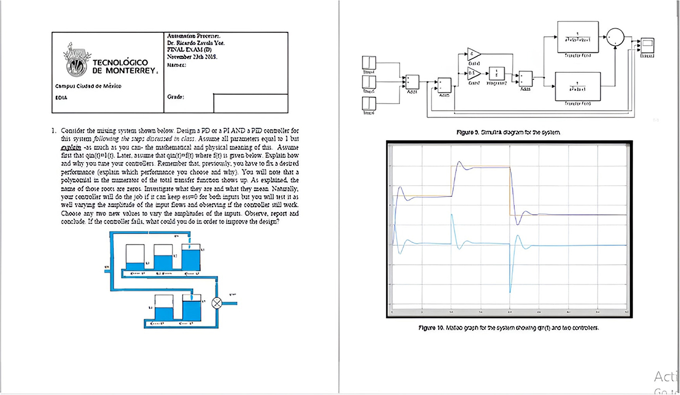 Two-page document featuring an assignment prompt from Tecnológico de Monterrey on control systems, with diagrams. Left page shows an assignment description with block diagrams of controllers. Right page includes a complex block diagram labeled ”Figure 9: Simulink diagram for the system” and a motion graph labeled ”Figure 10: Motion graph for the system showing G(s) and two controllers.”