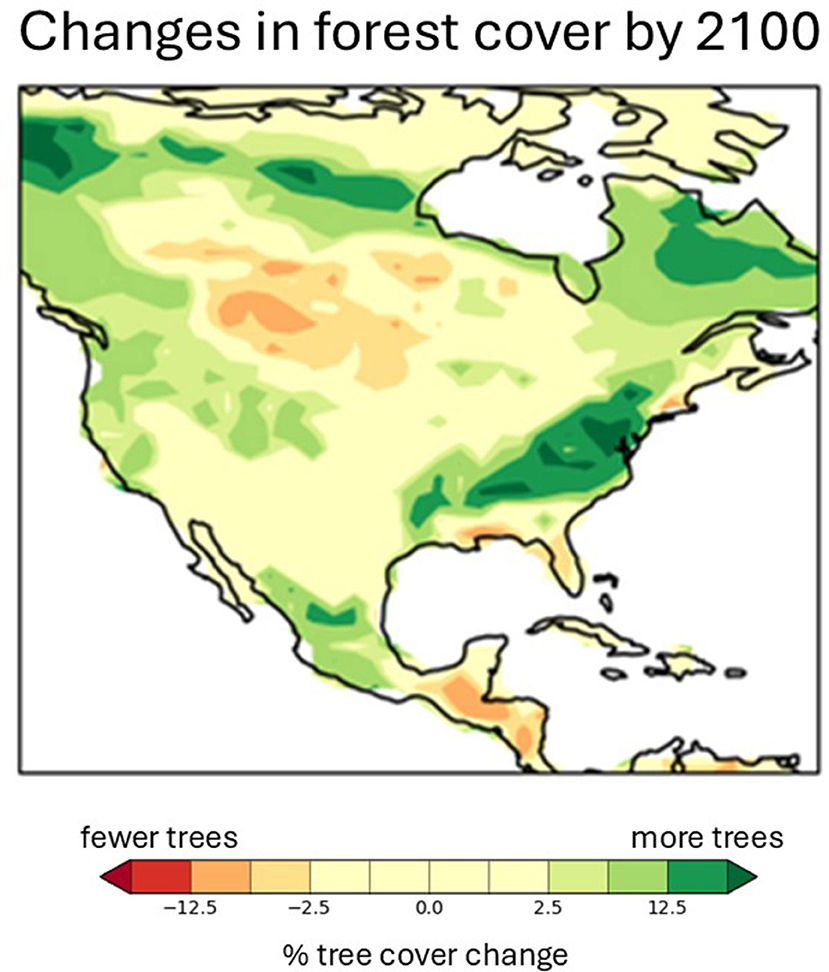 Map of North America showing projected changes in forest cover by 2100. Areas with more trees are shaded in green, while areas with fewer trees are in red. The color gradient indicates percentage change in tree cover, ranging from negative twelve point five to positive twelve point five percent.