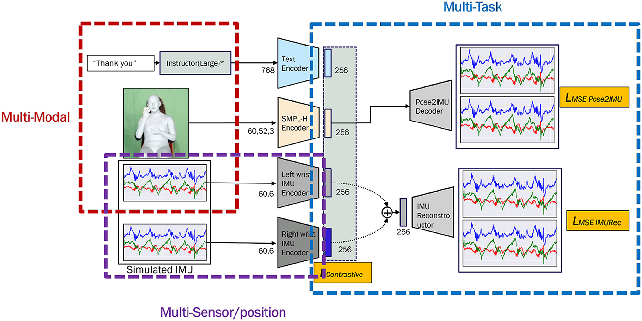 Diagram illustrating a multi-modal and multi-task framework. The left section, marked as multi-modal, includes a “Thank you” text with an Instructor model and a person in a gesture pose, encoded by SMPL-H and text encoders. Simulated IMU signals for left and right wrists are processed by corresponding IMU encoders. The multi-task section on the right shows Pose2IMU and IMU reconstruction decoders outputting reconstructed IMU data. Contrastive learning connects encoders and decoders.