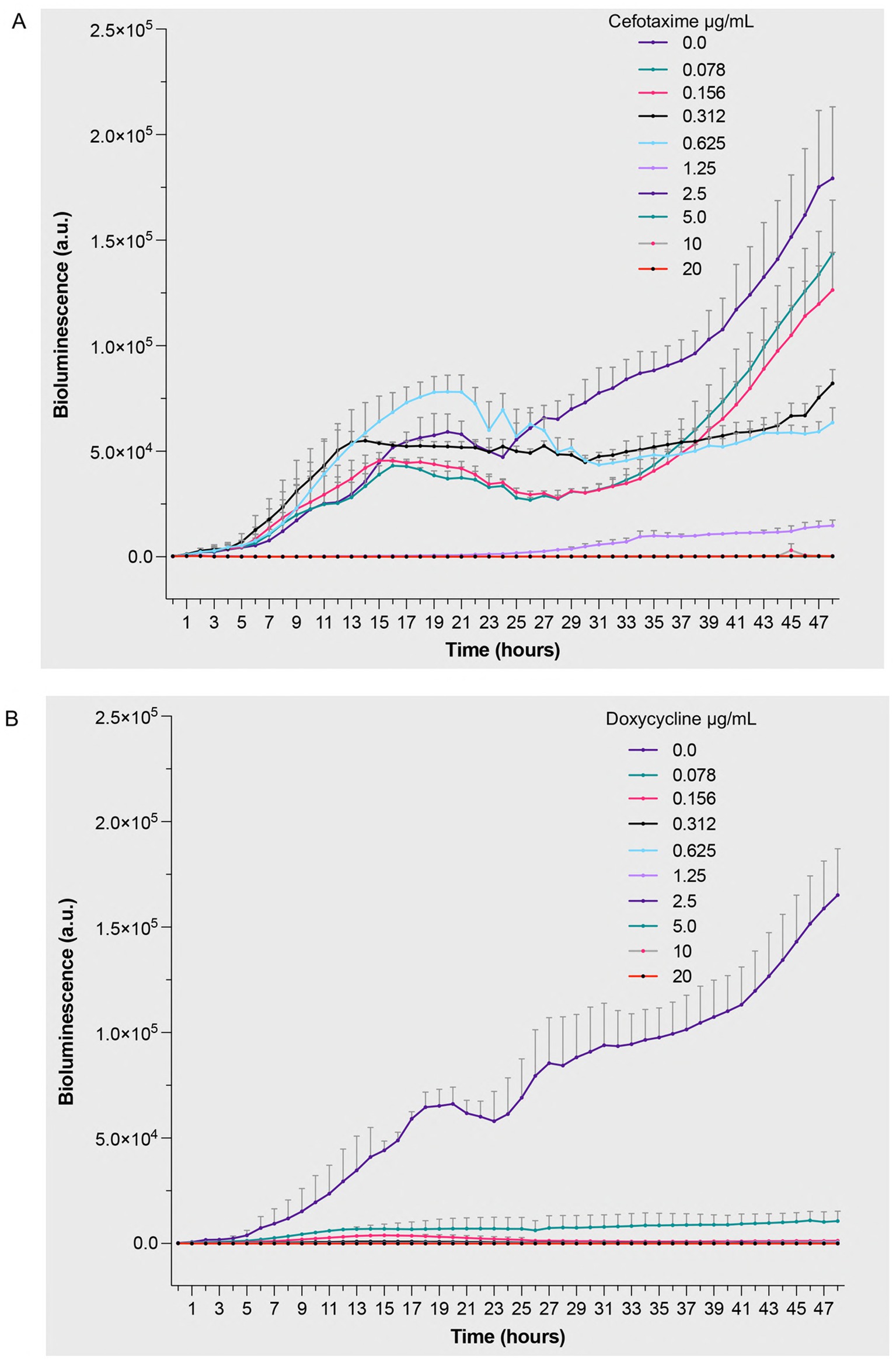 Line graphs show bioluminescence over time for varying concentrations of antibiotics. Panel A displays the effects of different concentrations of cefotaxime, and Panel B shows the effects of doxycycline. Each line represents a concentration level, ranging from zero to twenty micrograms per milliliter. Bioluminescence, measured in arbitrary units, generally increases over forty-seven hours, with higher concentrations showing less increase.