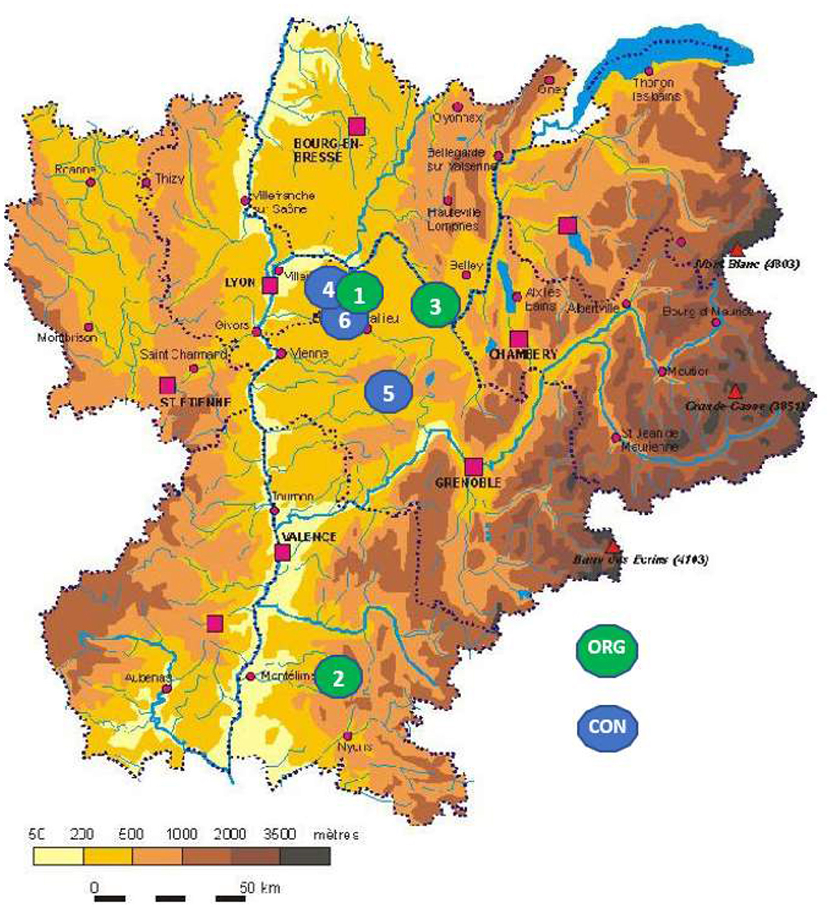 Map showing a region with various elevation levels indicated by color shades from yellow to brown. Key cities include Lyon, Grenoble, and Valence, marked by pink squares. Blue and green numbered circles (1 to 6) are scattered across the map, labeled as CON and ORG respectively. The map includes rivers and geographical features with a scale at the bottom.