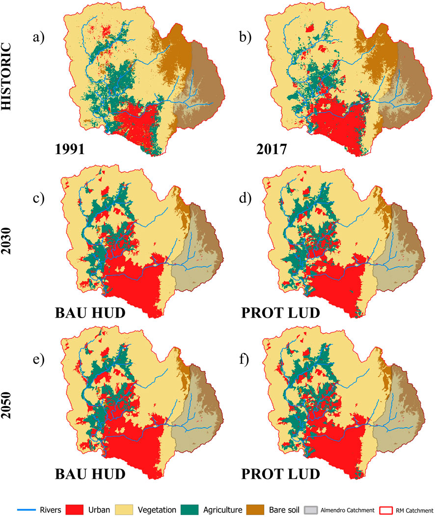 Six panels showing land use maps for the catchments RM and Los Almendros, two historic 1991 and 2017, two future scenarios of 2030 and two future scenarios of 2050. Extracted from previous studies, these future scenarios represent two conditions: 1) Business as Usual under High Urban Density, and 2) implementation of regional planning under Low Urban Density. Colors indicate land types: blue for rivers, red for urban, yellow for vegetation, green for agriculture, brown for bare soil. Panels (a) to (f) compare historical land use configuration (1991 and 2017) with future scenarios for 2030 and 2050.