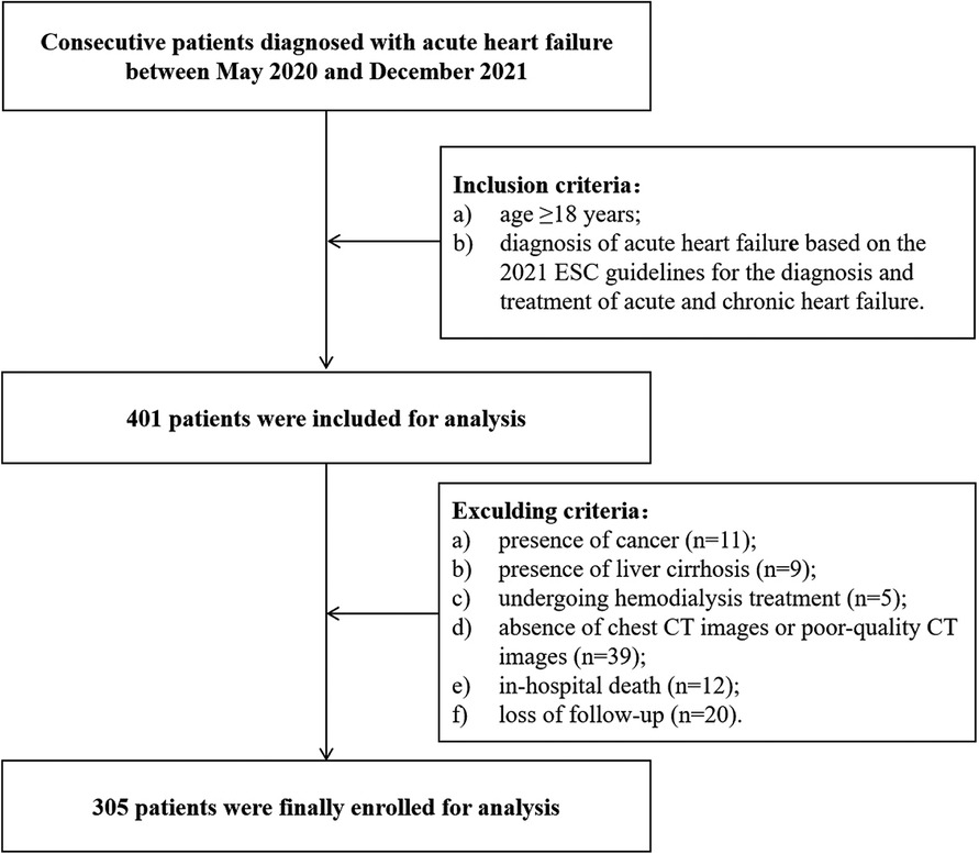 Flowchart detailing patient selection. The process begins with consecutive acute heart failure cases from May 2020 to December 2021. Inclusion criteria: patients aged 18 and older with heart failure per 2021 ESC guidelines. 401 patients included initially. Exclusions: cancer (11), liver cirrhosis (9), hemodialysis (5), CT issues (39), in-hospital death (12), loss of follow-up (20). Final enrollment: 305 patients.