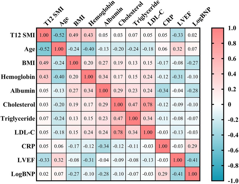 Correlation matrix displaying relationships between ten health variables: T12 SMI, Age, BMI, Hemoglobin, Albumin, Cholesterol, Triglyceride, LDL-C, CRP, LVEF, and LogBNP. The matrix uses a color gradient from blue (negative correlation) to red (positive correlation). Specific correlations include a strong positive correlation between Cholesterol and LDL-C (0.78) and a negative one between T12 SMI and Age (-0.52). A side color bar indicates the correlation scale from negative one to positive one.