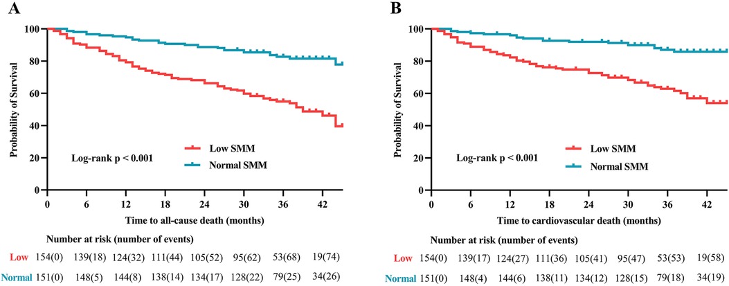 Kaplan-Meier survival curves show survival probabilities over months. Chart A depicts all-cause death, and Chart B shows cardiovascular death. The red line indicates low skeletal muscle mass (SMM), while the blue line shows normal SMM. Both charts indicate a significant difference with Log-rank p < 0.001, highlighting lower survival for low SMM. Numbers at risk and events are listed below the graphs.