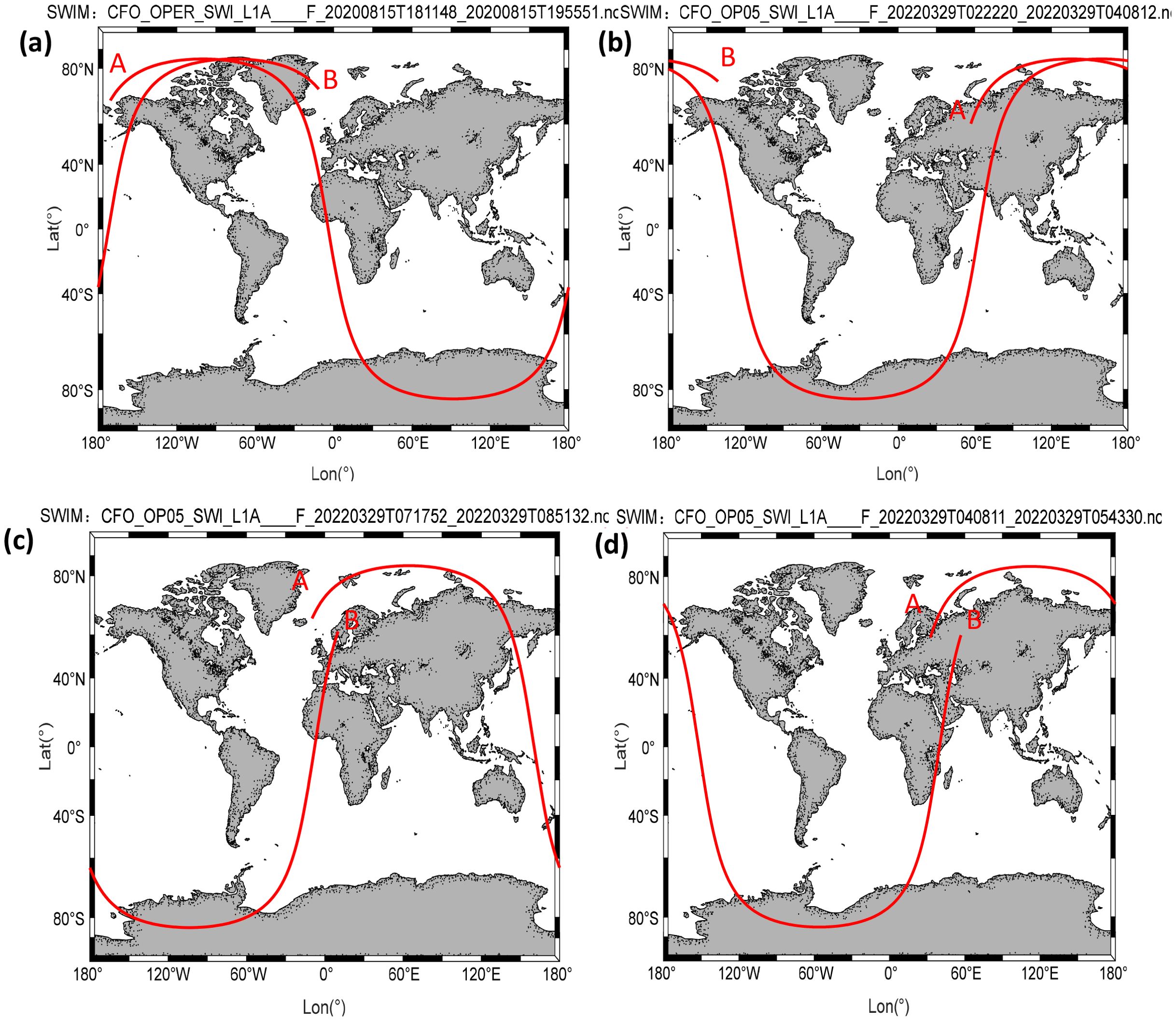Four global maps labeled (a) to (d) display satellite paths as red lines overlaid on world maps. Each map shows different path trajectories and positions of points labeled A and B. The maps use latitude and longitude as coordinates, with trajectories covering various hemispheres and regions. The background marks continents and oceans in grayscale.