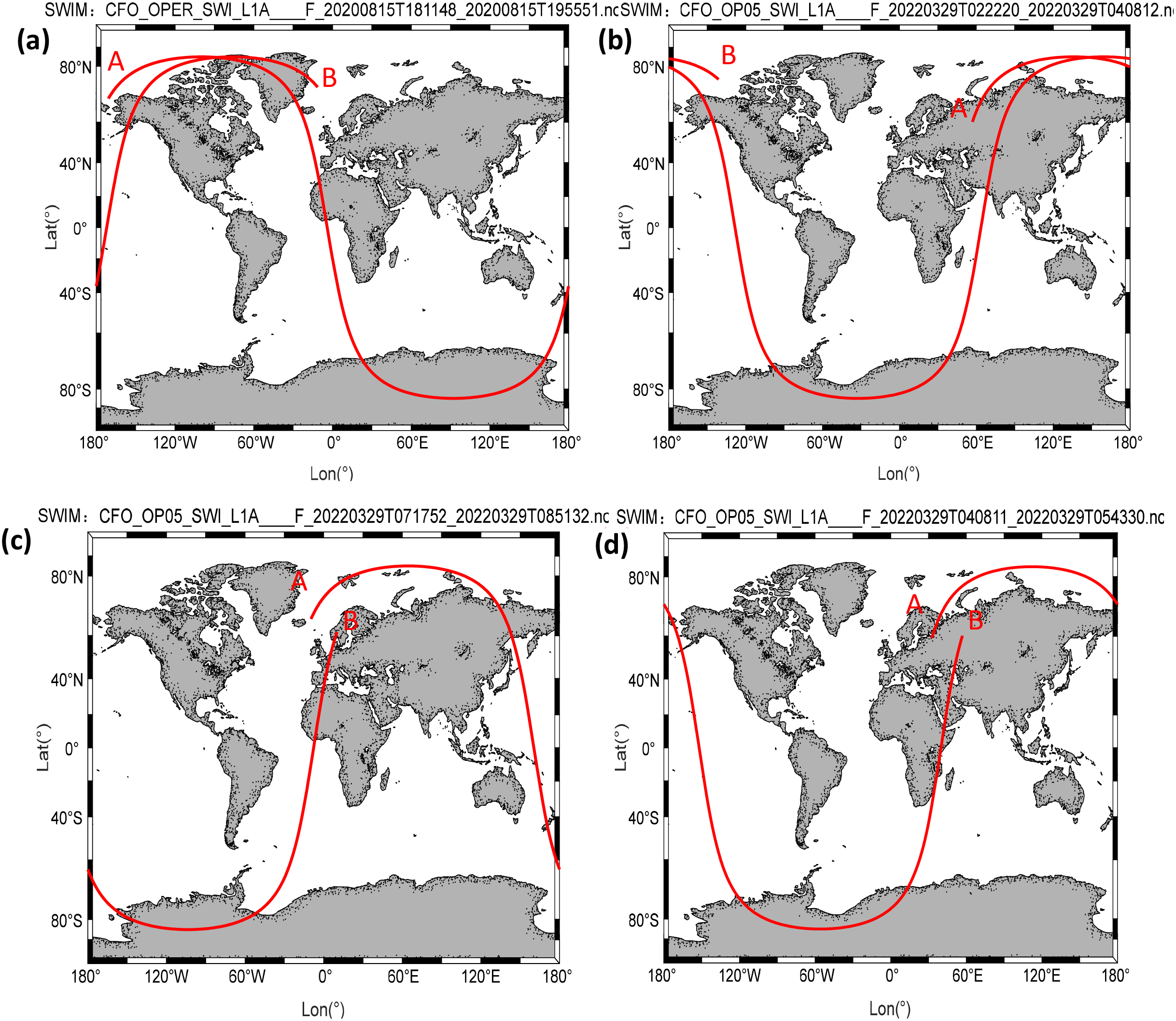 Four global maps labeled (a) to (d) display satellite paths as red lines overlaid on world maps. Each map shows different path trajectories and positions of points labeled A and B. The maps use latitude and longitude as coordinates, with trajectories covering various hemispheres and regions. The background marks continents and oceans in grayscale.