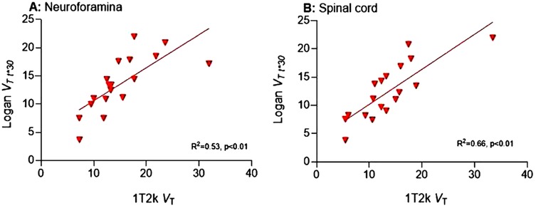 Scatter plots of Logan VT 0-30 versus 1T2k VT for neuroforamina and spinal cord. Plot A shows a correlation with R2 = 0.53 and p < 0.01, while Plot B shows a correlation with R2 = 0.66 and p < 0.01. Both plots include data points and trend lines.