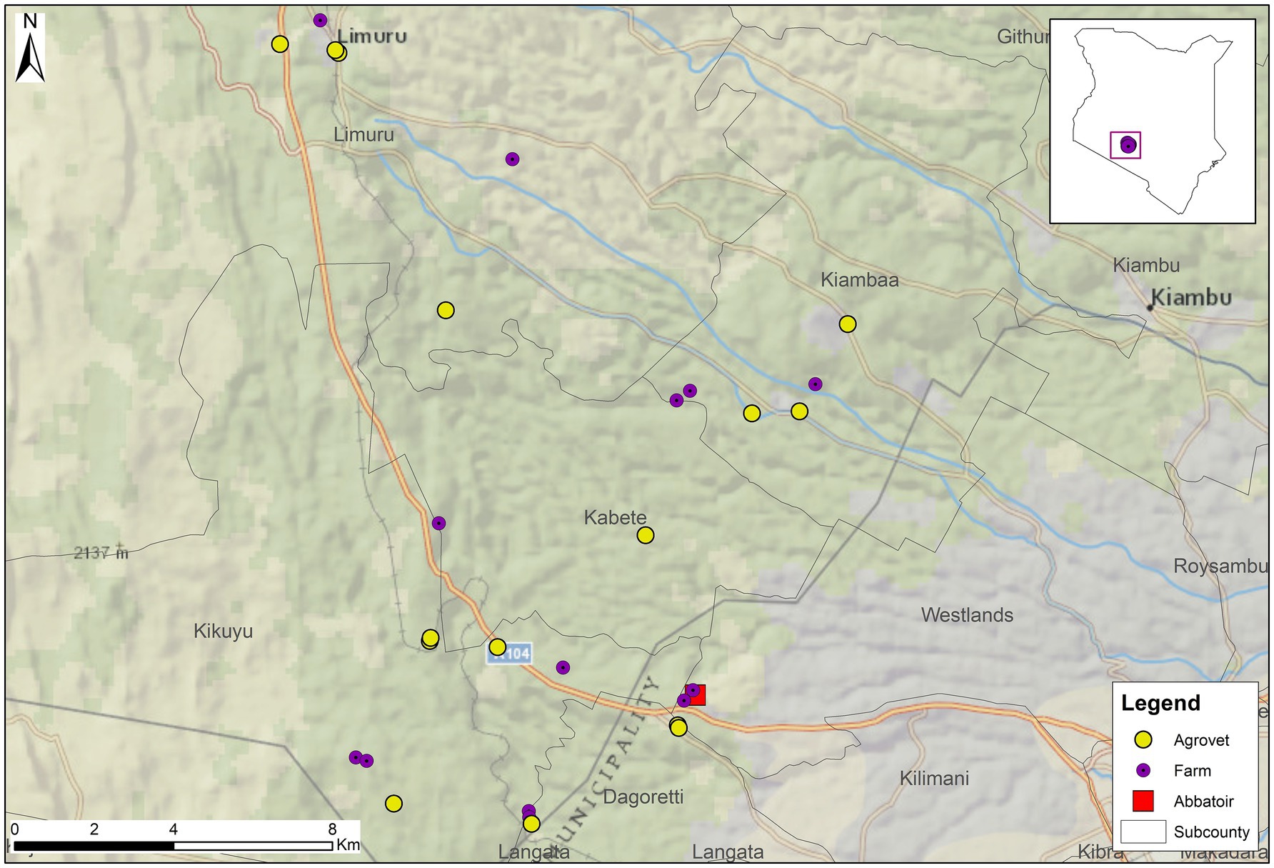 Map of Kiambu County displaying locations of agrovet (yellow dots), farms (purple dots), and abattoirs (red squares). Includes a scale in kilometers and a directional arrow. An inset shows the map location within a larger regional context.