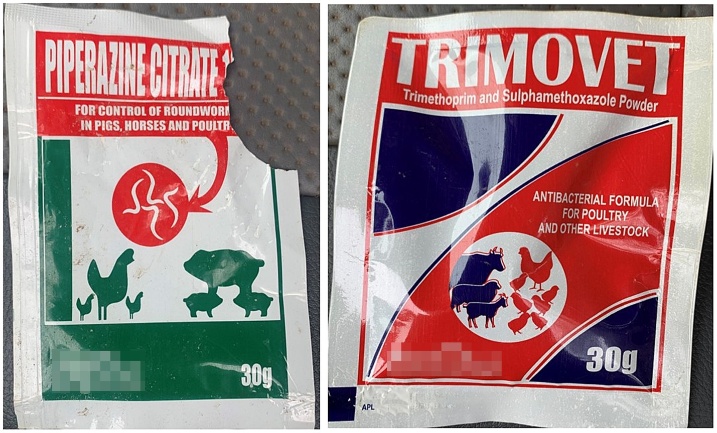 Packaging of two veterinary products. The first is “Piperazine Citrate” for controlling roundworms in pigs, horses, and poultry. The second is “Trimovet,” containing trimethoprim and sulphamethoxazole, an antibacterial for poultry and livestock. Both are 30 grams and produced by Metrovets Kenya Limited.