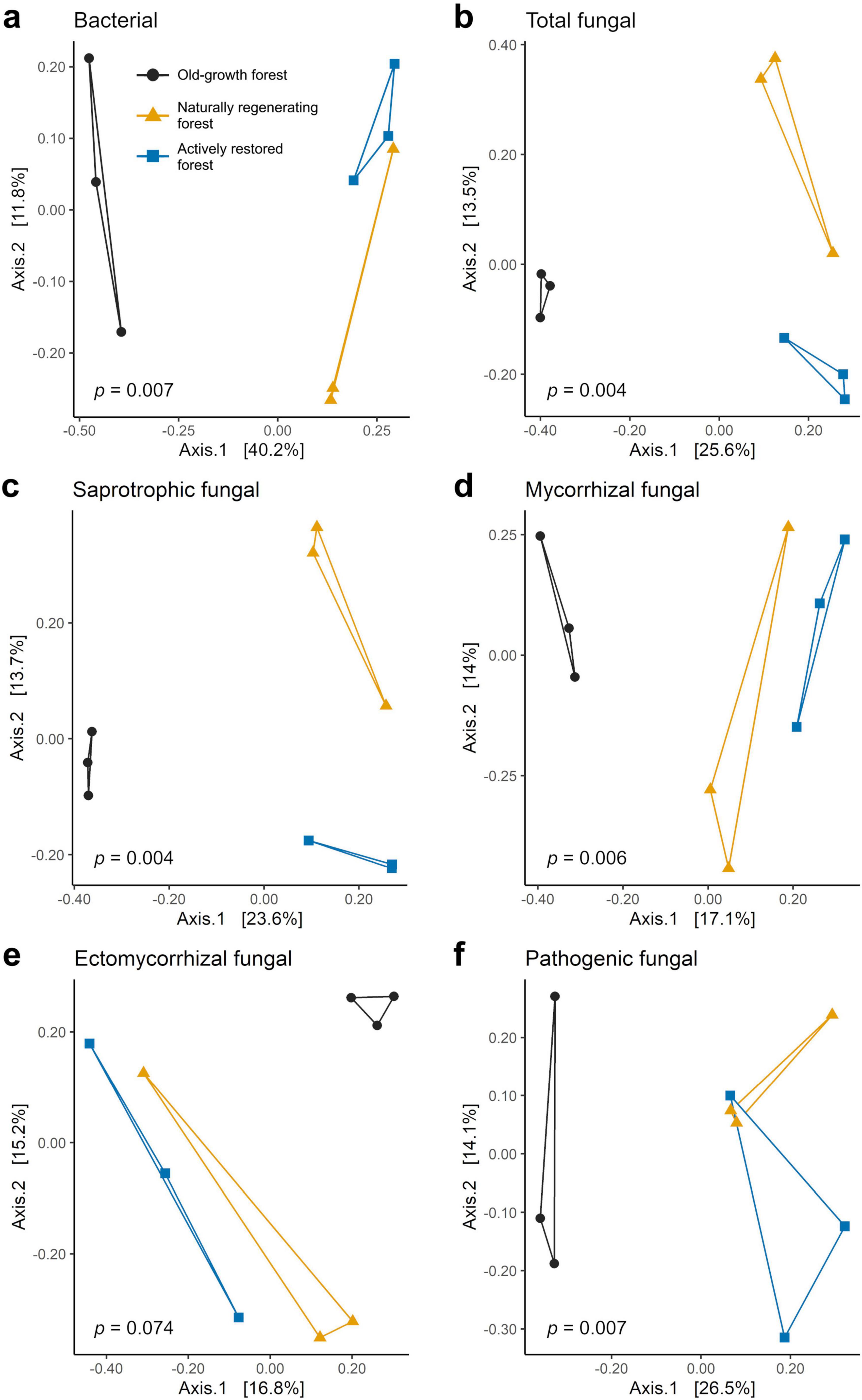 Six plots show Principal Coordinates Analysis (PCoA) results for different microbial groups across old-growth forest, naturally regenerating logged forest and actively restored logged forests. Panels (a-f) represent bacterial, total fungal, saprotrophic fungal, mycorrhizal fungal, ectomycorrhizal fungal, and pathogenic fungal communities. The plots display axes labelled with percentages indicating the variance explained, and p-values indicating statistical significance of the effect of forest type on community dissimilarity.