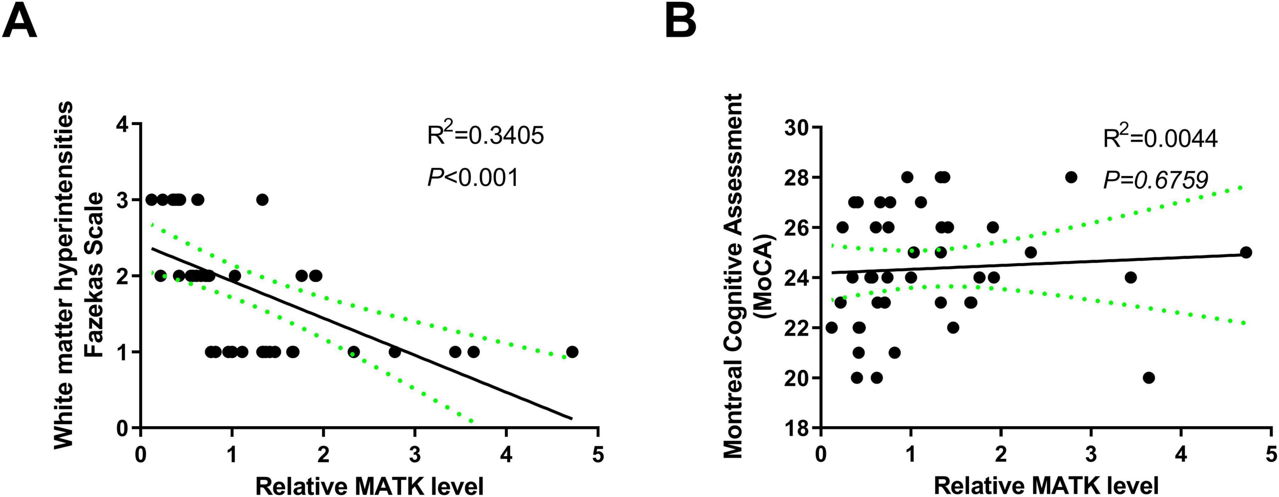 Scatterplots labeled A and B. Plot A shows a negative correlation between white matter hyperintensities (Fazekas Scale) and relative MATK level, with R-squared 0.3405 and P-value less than 0.001. Plot B displays a slight positive correlation between Montreal Cognitive Assessment (MoCA) scores and relative MATK level, with R-squared 0.0044 and P-value 0.6759. Trend lines and confidence intervals are depicted.