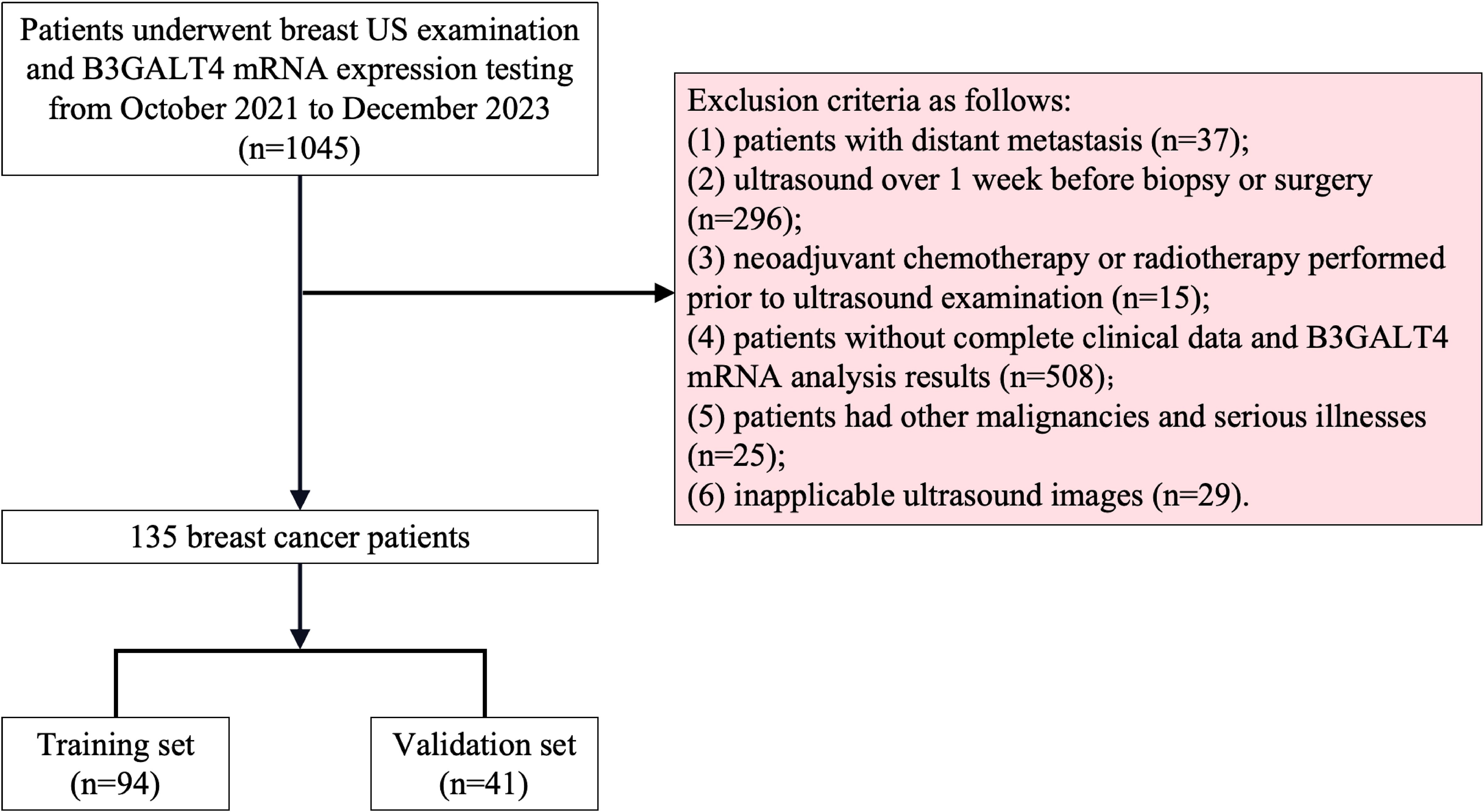Flowchart showing the selection process for a breast cancer study. Initially, 1045 patients underwent breast ultrasound and B3GALT4 mRNA expression testing. Exclusion criteria included distant metastasis, timing of ultrasound, prior treatments, incomplete data, other illnesses, and inapplicable images, reducing the sample to 135 patients. These were divided into a training set of 94 and a validation set of 41.