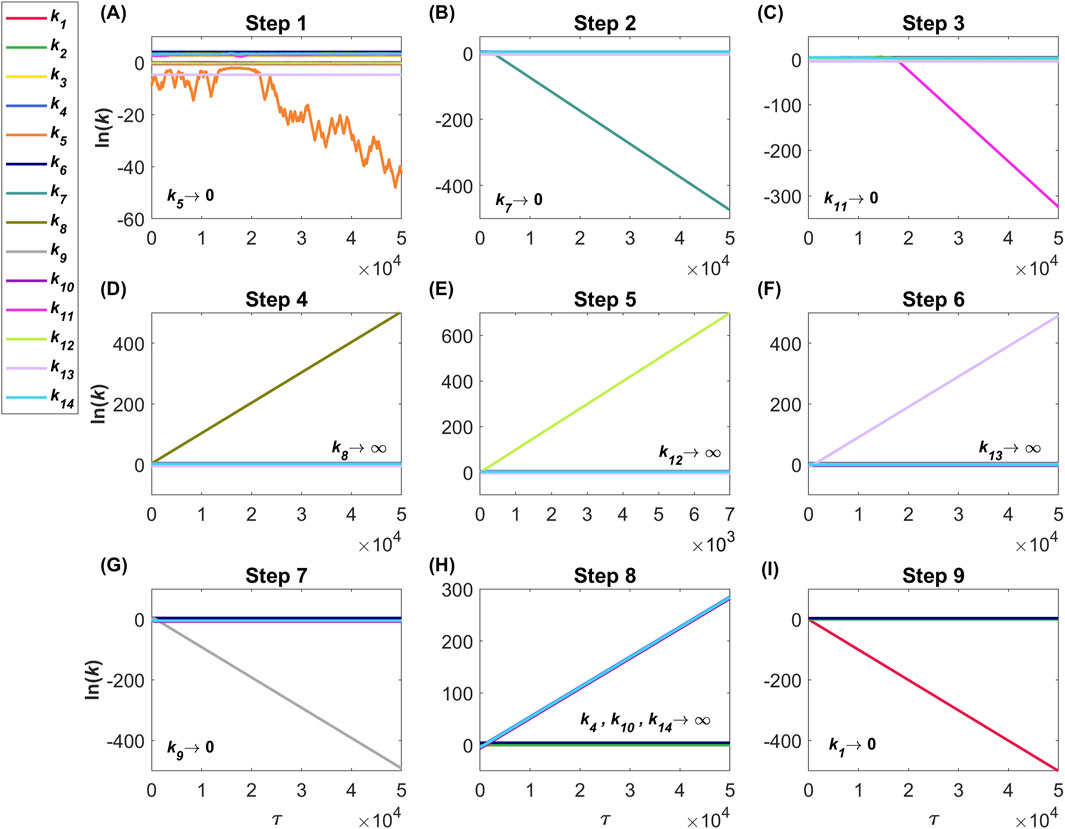 Nine graphs illustrating the evolution with τ of ln(k). Graph (A) shows k5 approaching zero, (B) k7 to zero, (C) k11 to zero, (D) k8 to infinity, (E) k12 to infinity, (F) k13 to infinity, (G) k9 to zero, (H) k4, k10, k14 to infinity, and (I) k1 to zero. Each step details the corresponding change visually.