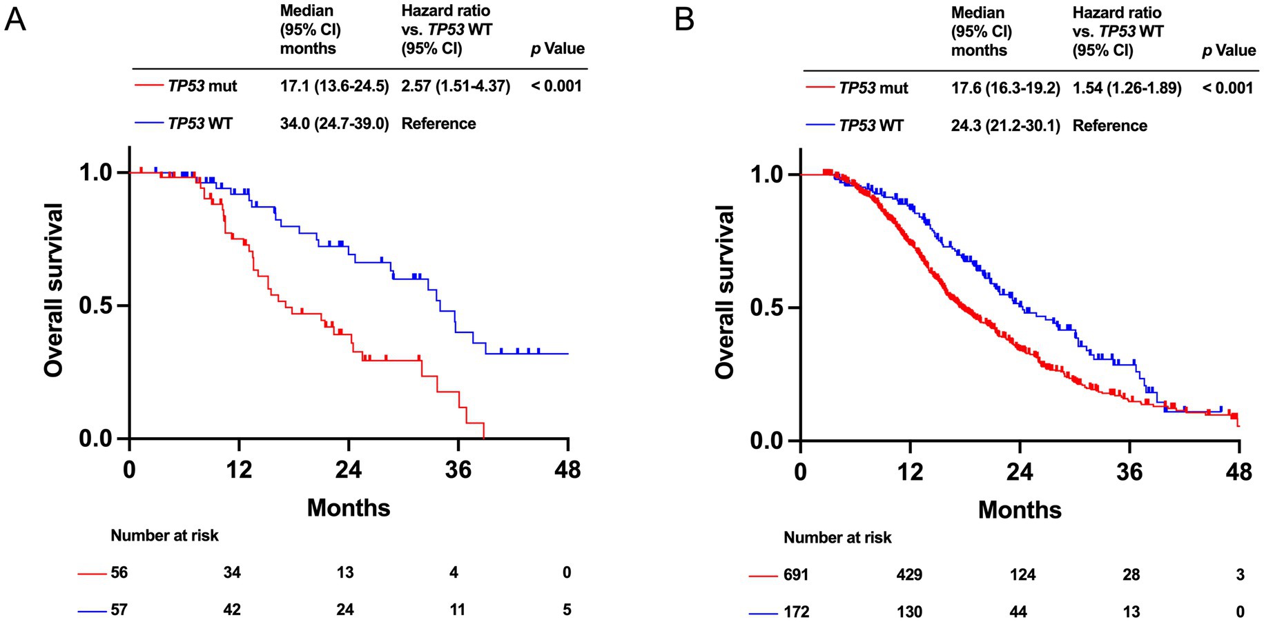 Two Kaplan-Meier survival curves comparing TP53 mutations. Chart A shows red for TP53 mutated, median survival 17.1 months, hazard ratio 2.57. Blue shows TP53 wild type, median 34 months. Chart B shows median survival for TP53 mutated at 17.6 months, hazard ratio 1.54. TP53 wild type median is 24.3 months. Each graph shows number at risk.